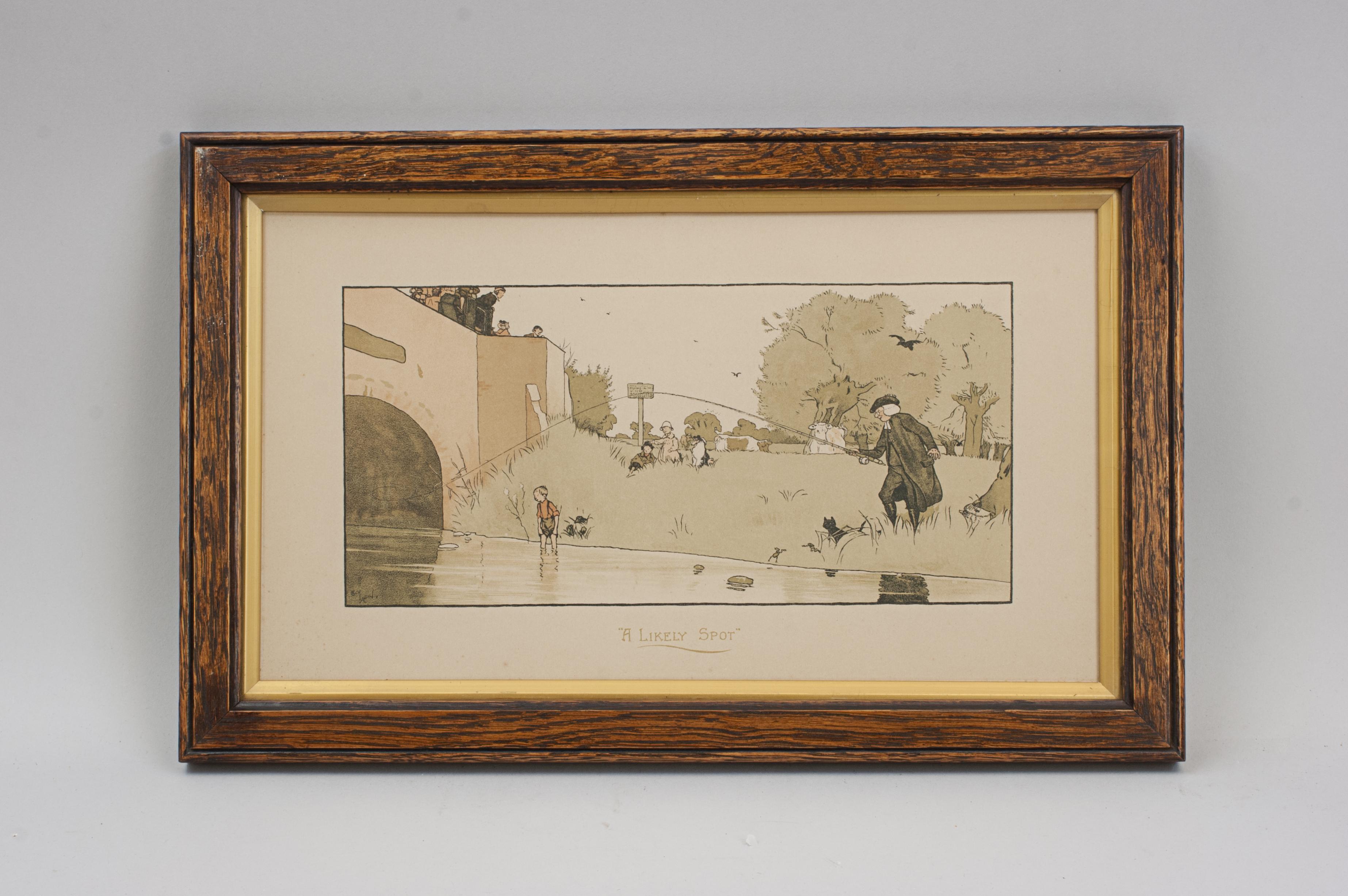 Vintage Fishing Print By Cecil Aldin, A Likely Spot.
A wonderful original fishing chromolithograph print by Cecil Aldin titled 'A LIKELY SPOT' (small version). The picture is in the original oak frame with gold slip. The scene is of a parson and boy