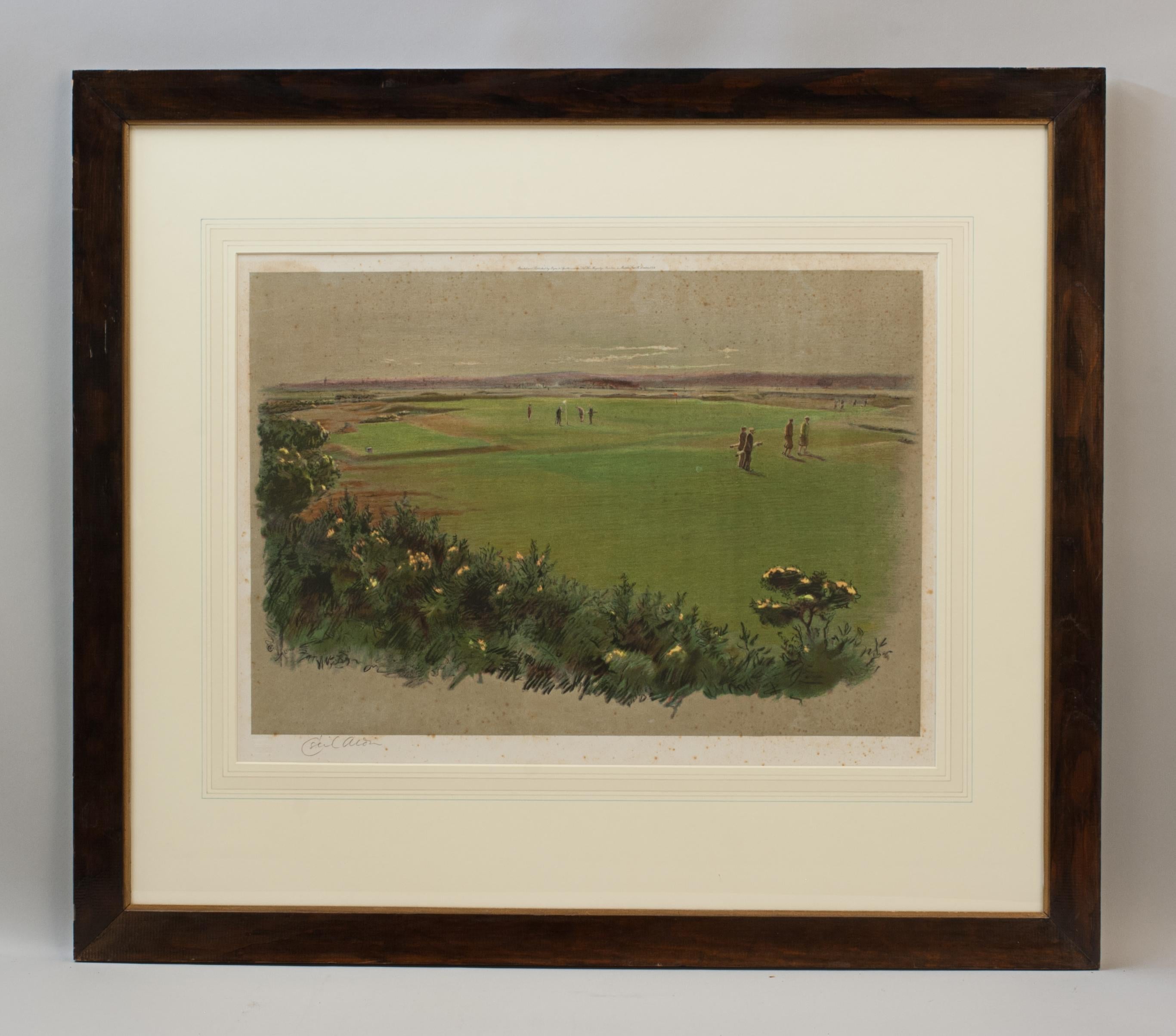 Grabado de golf de Cecil Aldin, St Andrews.
Una colorida fotolitografía de golf enmarcada de St Andrews, greens 5º y 13º. Firmado a lápiz en el margen inferior izquierdo por el artista, Cecil Aldin. Impreso y publicado por Eyre & Spottiswoode, Ltd.,