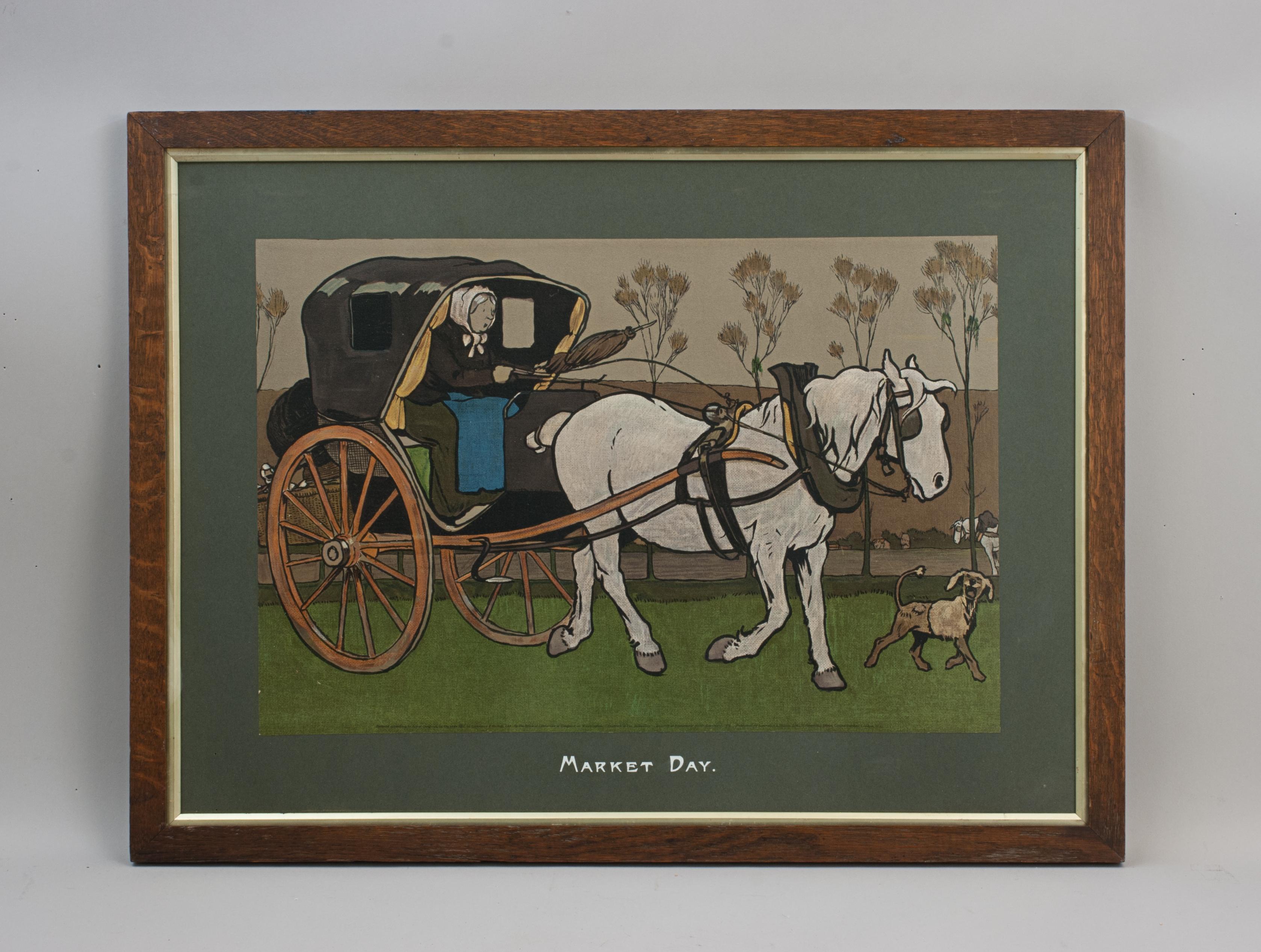 Cecil Aldin, Market Day.
A good single chromolithograph depicting a lady in a carriage being pulled by a single horse. Framed in an old oak frame and published by Lawrence & Bullen Ltd. Print details:- Entered according to Act of Congress, in the
