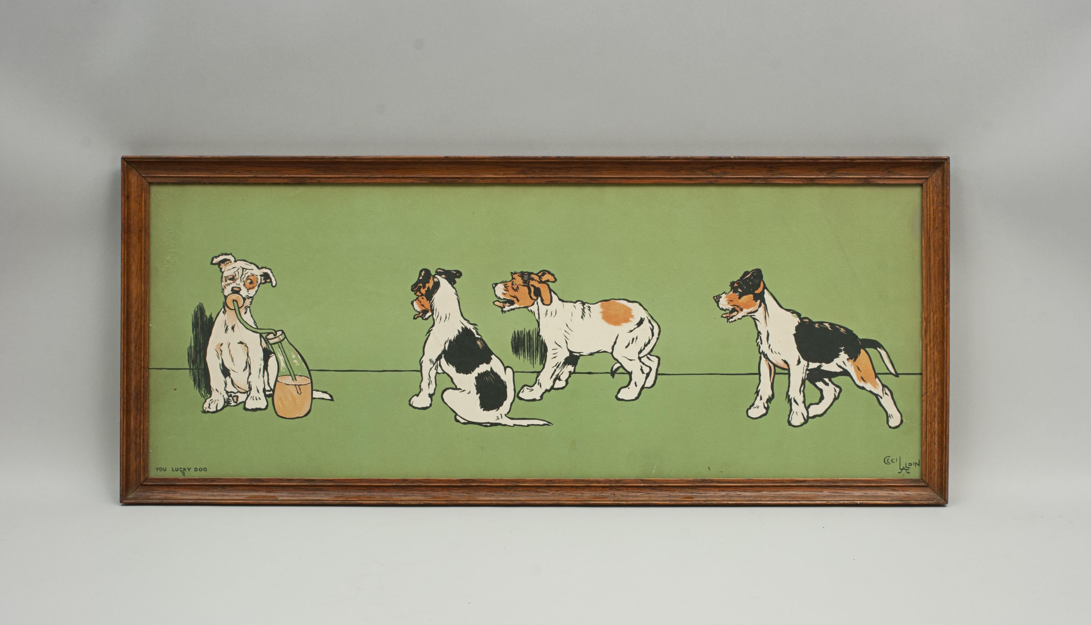 Cecil Aldin, The Lucky Dog.
A good single chromolithograph from a set of 12 Nursery friezes developed from designs which Aldin had painted on the walls of his children's nursery. This is called 'The Lucky Dog' and shows a dog drinking milk through