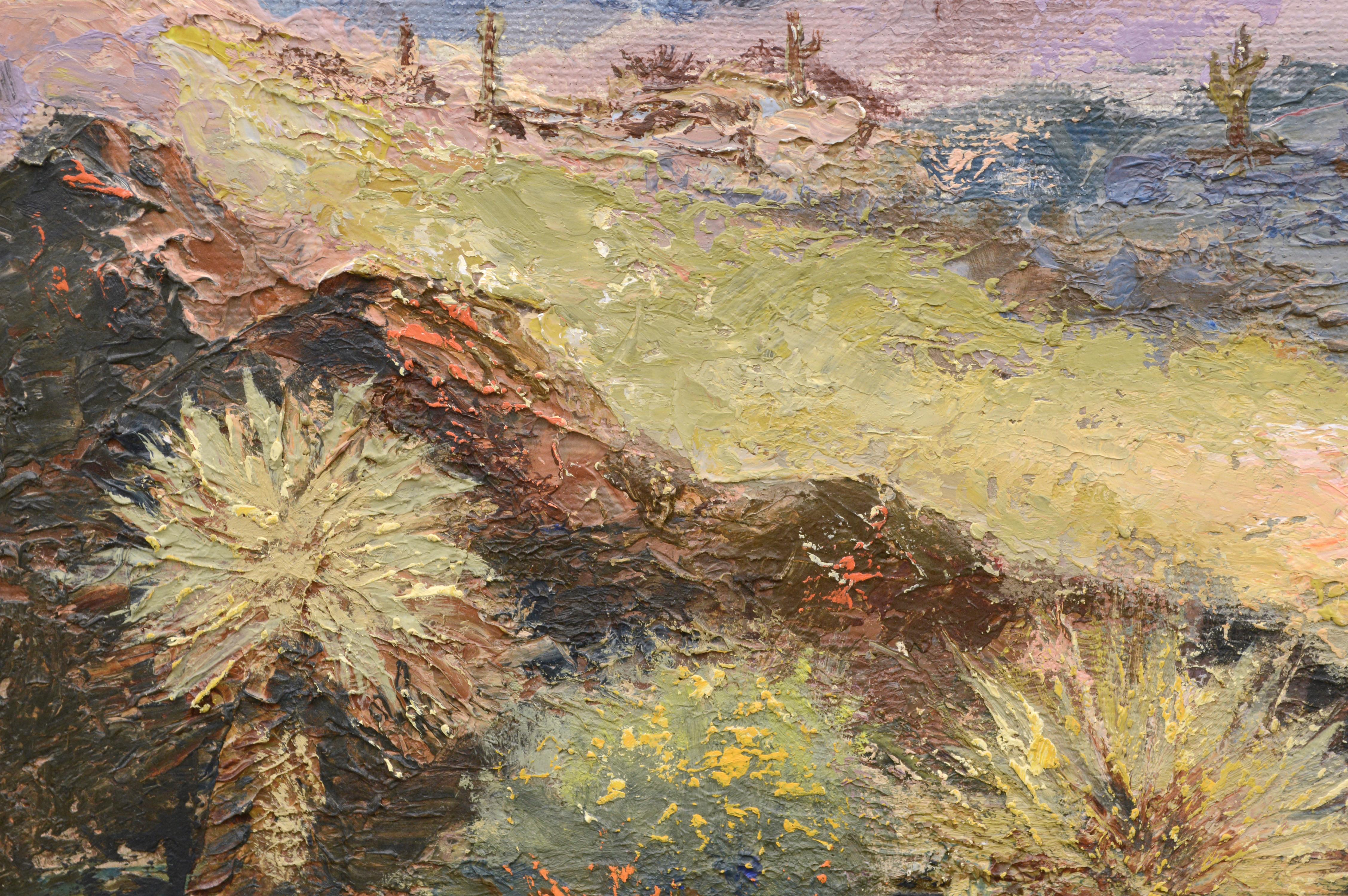 Paisaje montañoso desértico al óleo sobre lienzo

Paisaje vertical en tonos suaves y apagados y gruesos empastes, que dan textura al primer plano y acentúan la sensación de profundidad, de Cecil C. Hunter (estadounidense, siglo XX). 

Firmado 