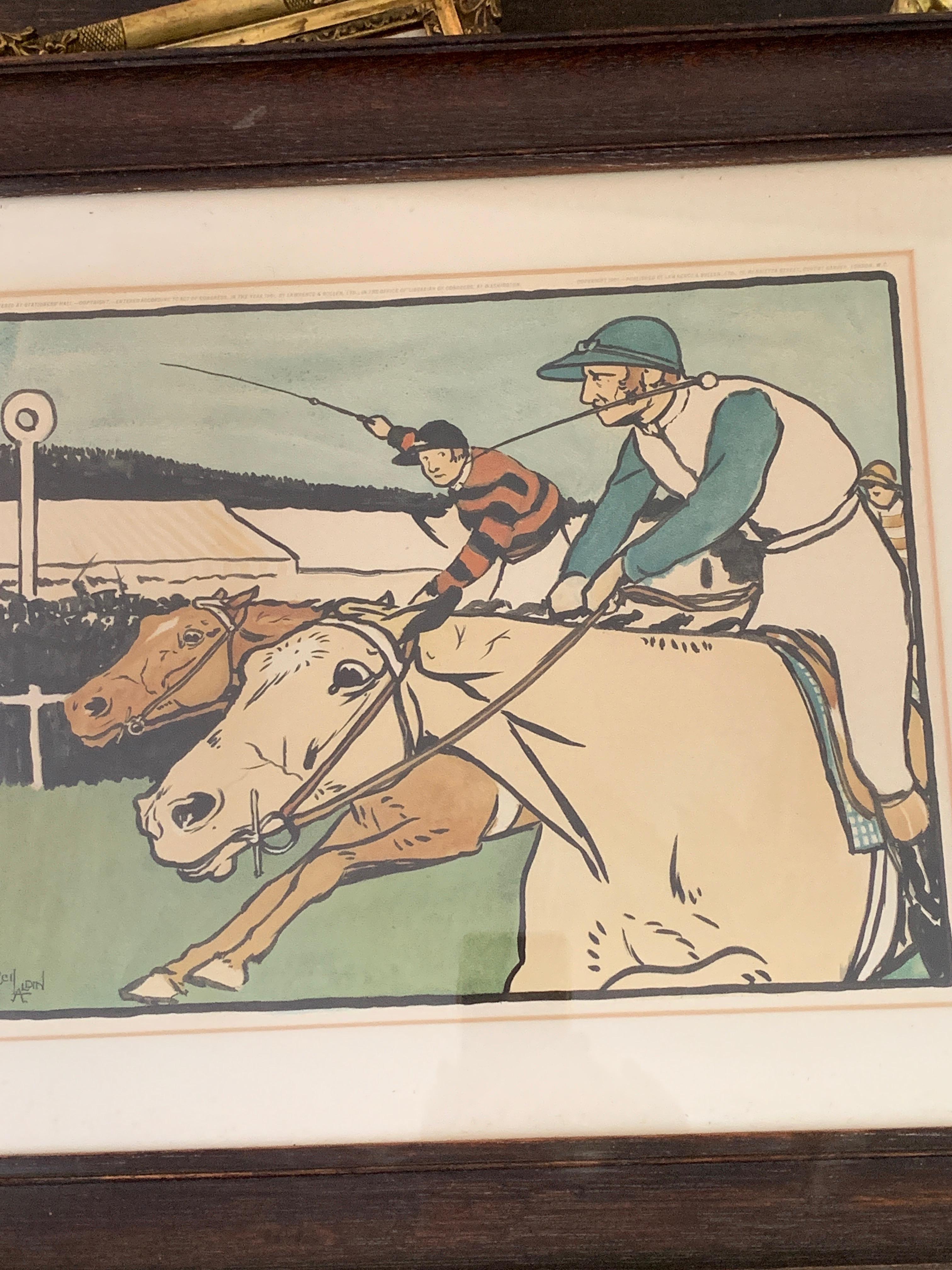 English Victorian 19th Horse Racing scene with Jockeys - Print by Cecil Charles Windsor Aldin, R.B.A.