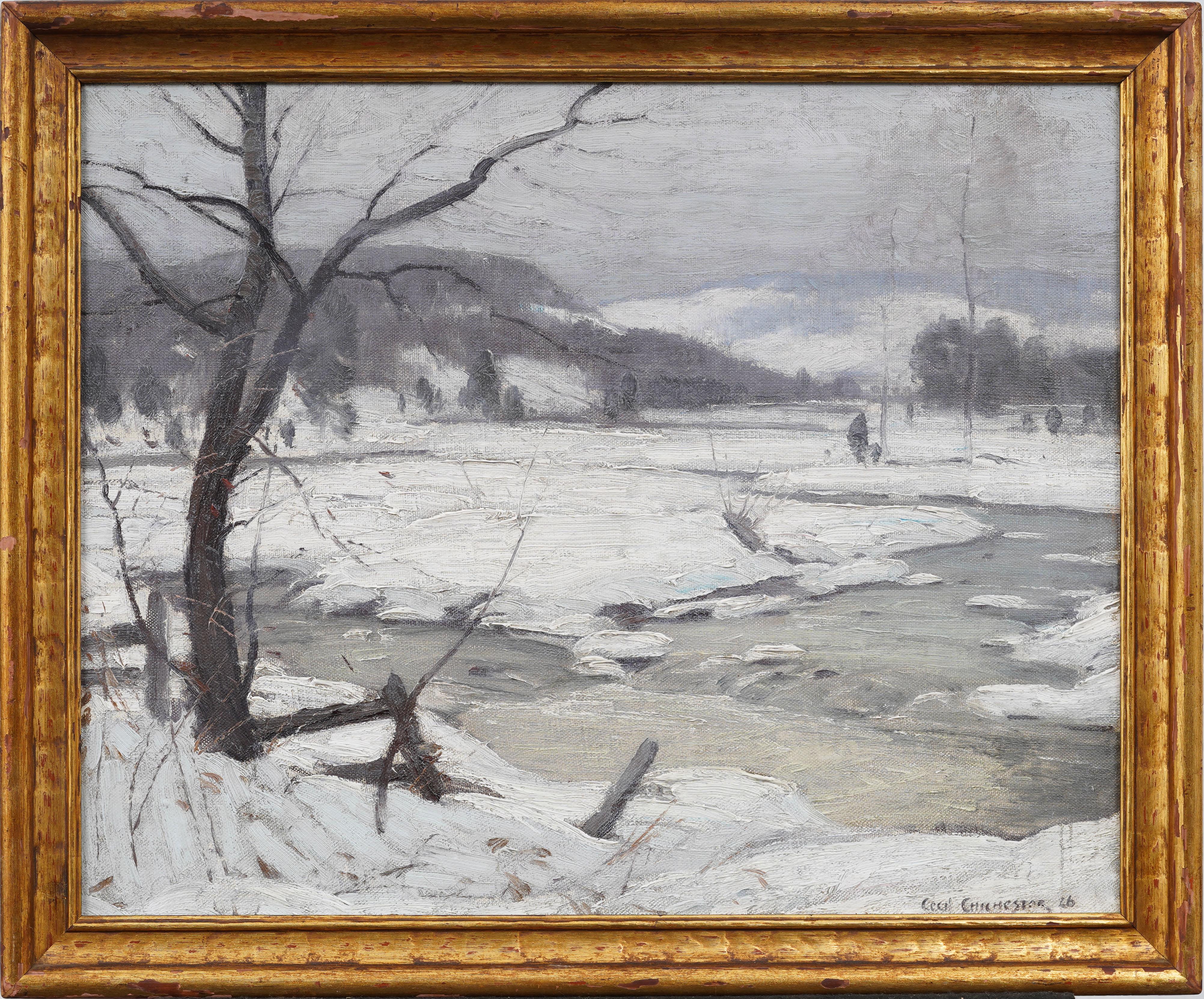 Antike amerikanische Winterimpressionisten Schneelandschaft Gerahmt Seltenes Ölgemälde – Painting von Cecil Chichester