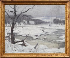 Antico paesaggio invernale americano impressionista con neve, incorniciato, raro dipinto a olio