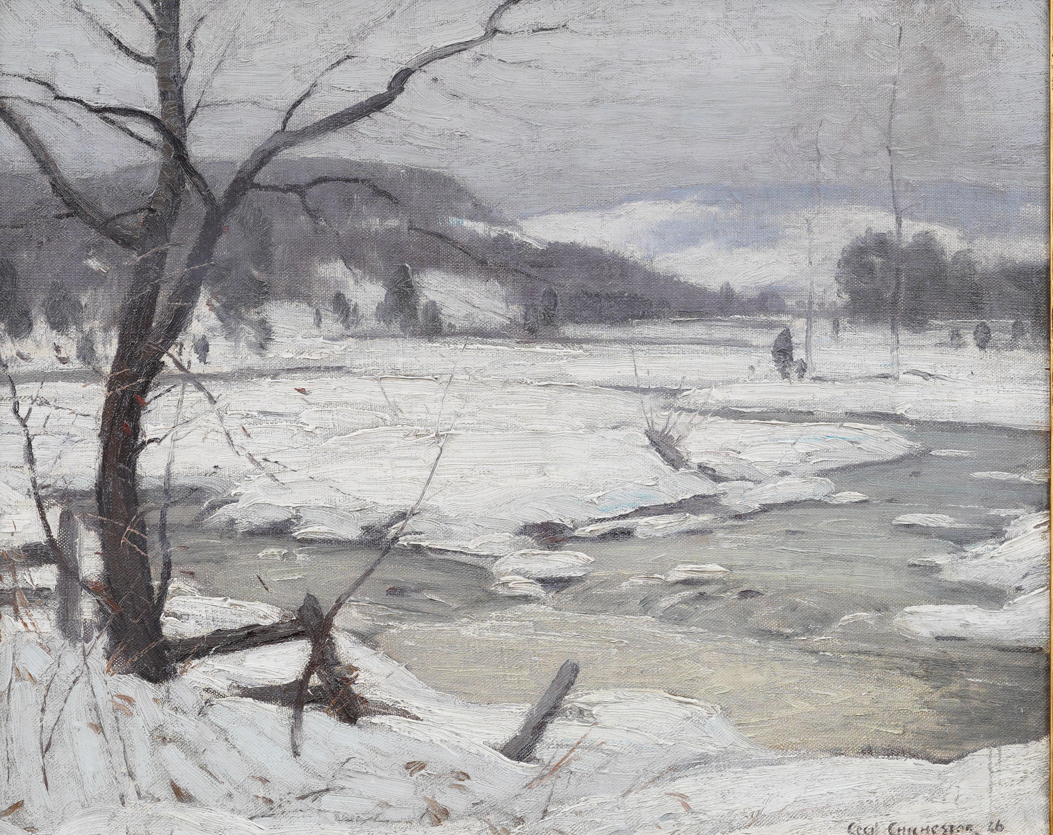 Antike amerikanische Winterimpressionisten Schneelandschaft Gerahmt Seltenes Ölgemälde (Impressionismus), Painting, von Cecil Chichester