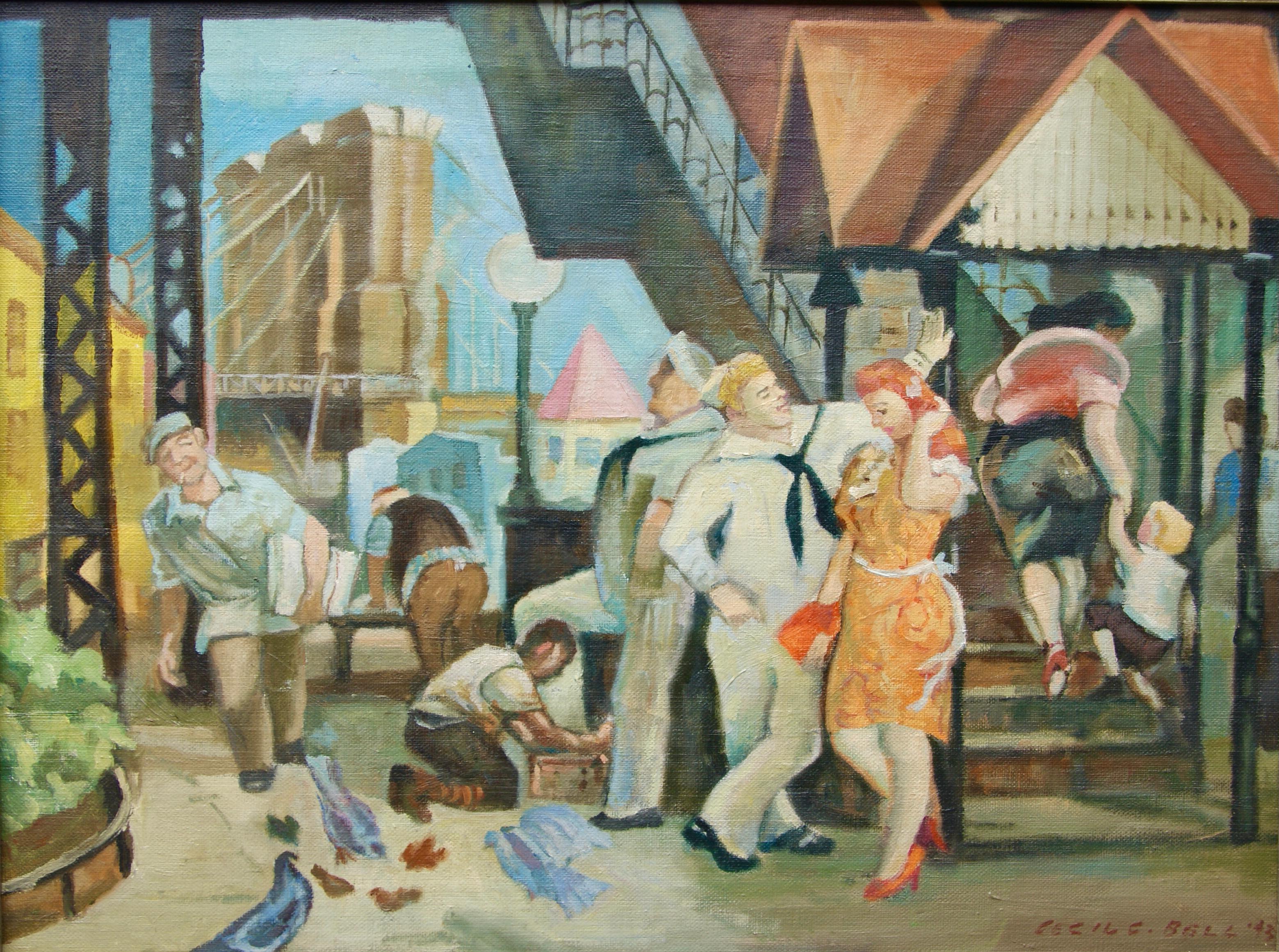 Cecil "Crosley" Bell Figurative Painting - "Under the El" American Scene Modernism NYC WPA 20th Century Realism 1940s
