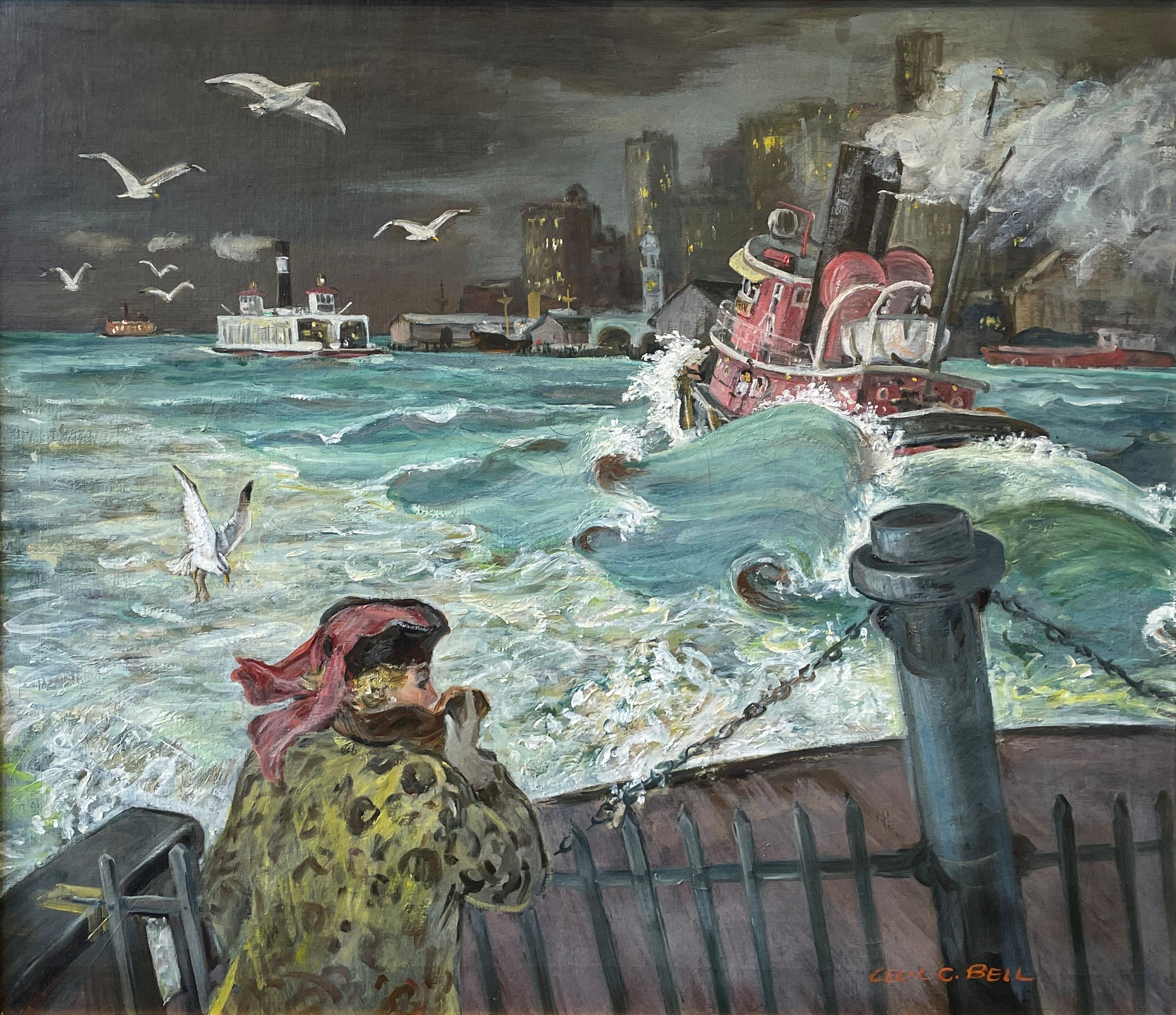 Figurative Painting di Cecil Crosley Bell - "Addio a Manhattan", Cecil Bell, New York, Staten Island Ferry Boat, WPA