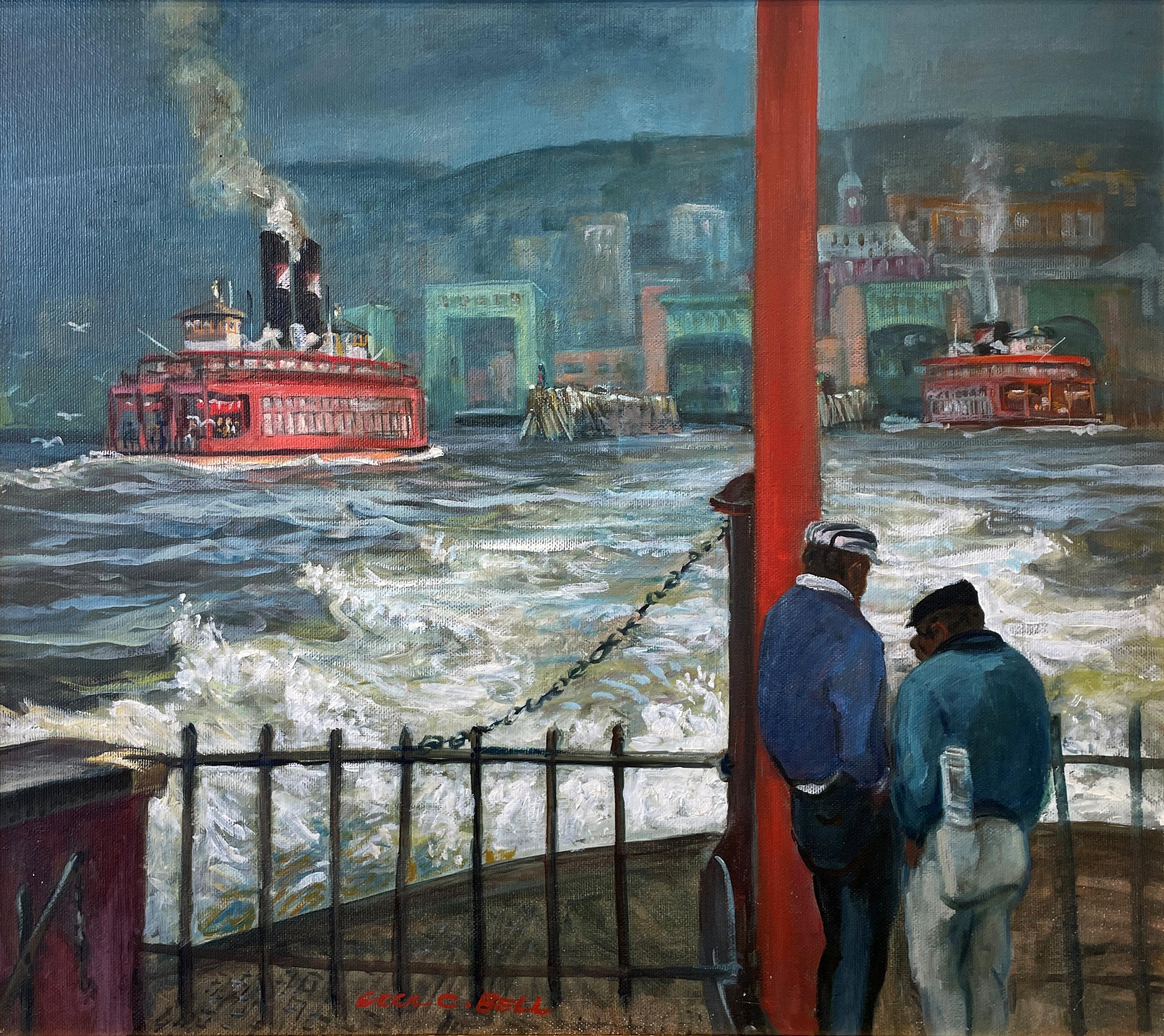Cecil Crosley Bell Landscape Painting - "Red Ferry, Leaving Staten Island #2, " Cecil Bell, American Realist WPA Boat