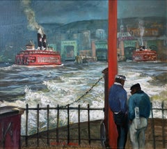 "Red Ferry, Leaving Staten Island #2, " Cecil Bell, American Realist WPA Boat