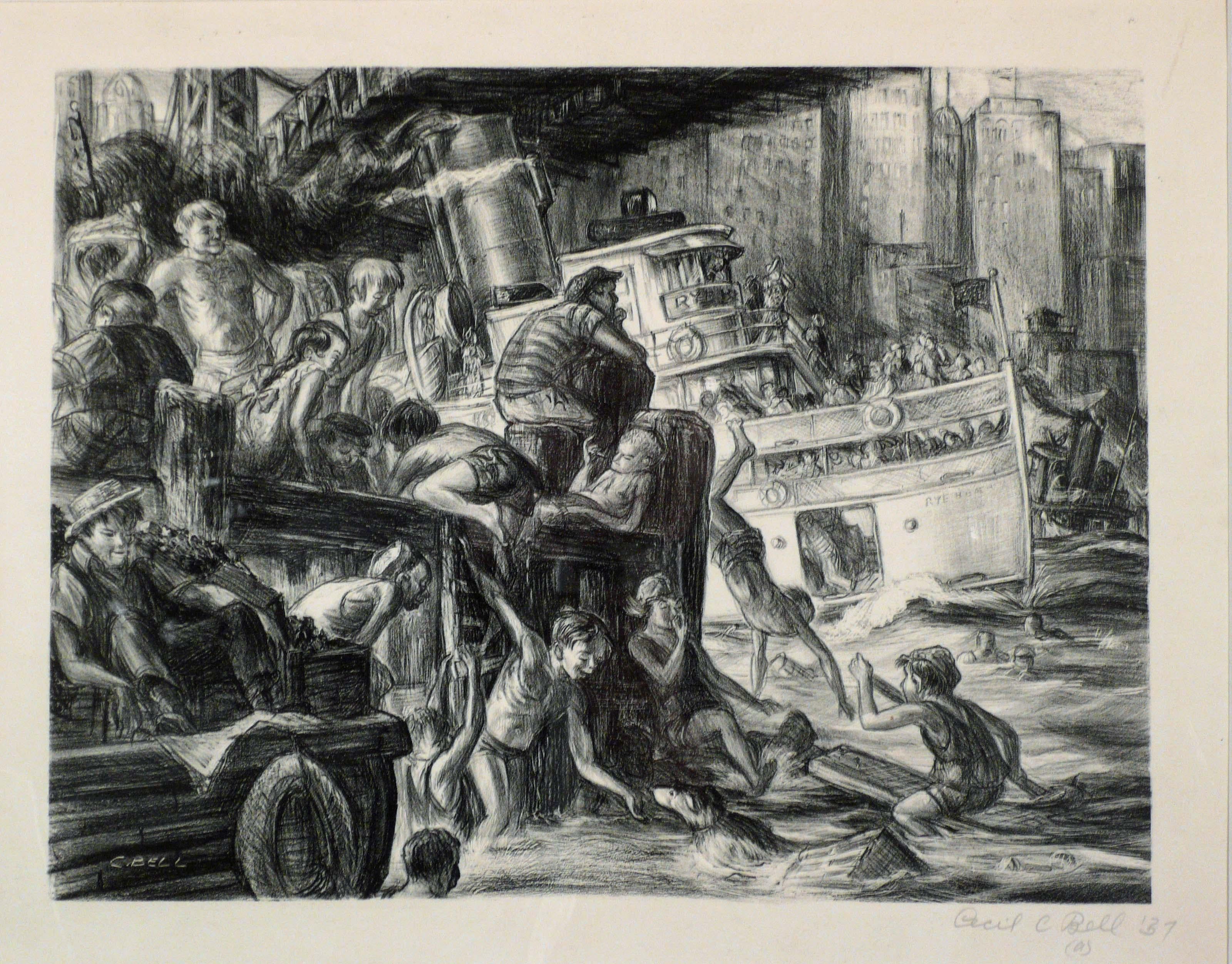 Figurative Print Cecil Crosley Bell - SWIMMERS DE LA RIVIÈRE CENTRALE