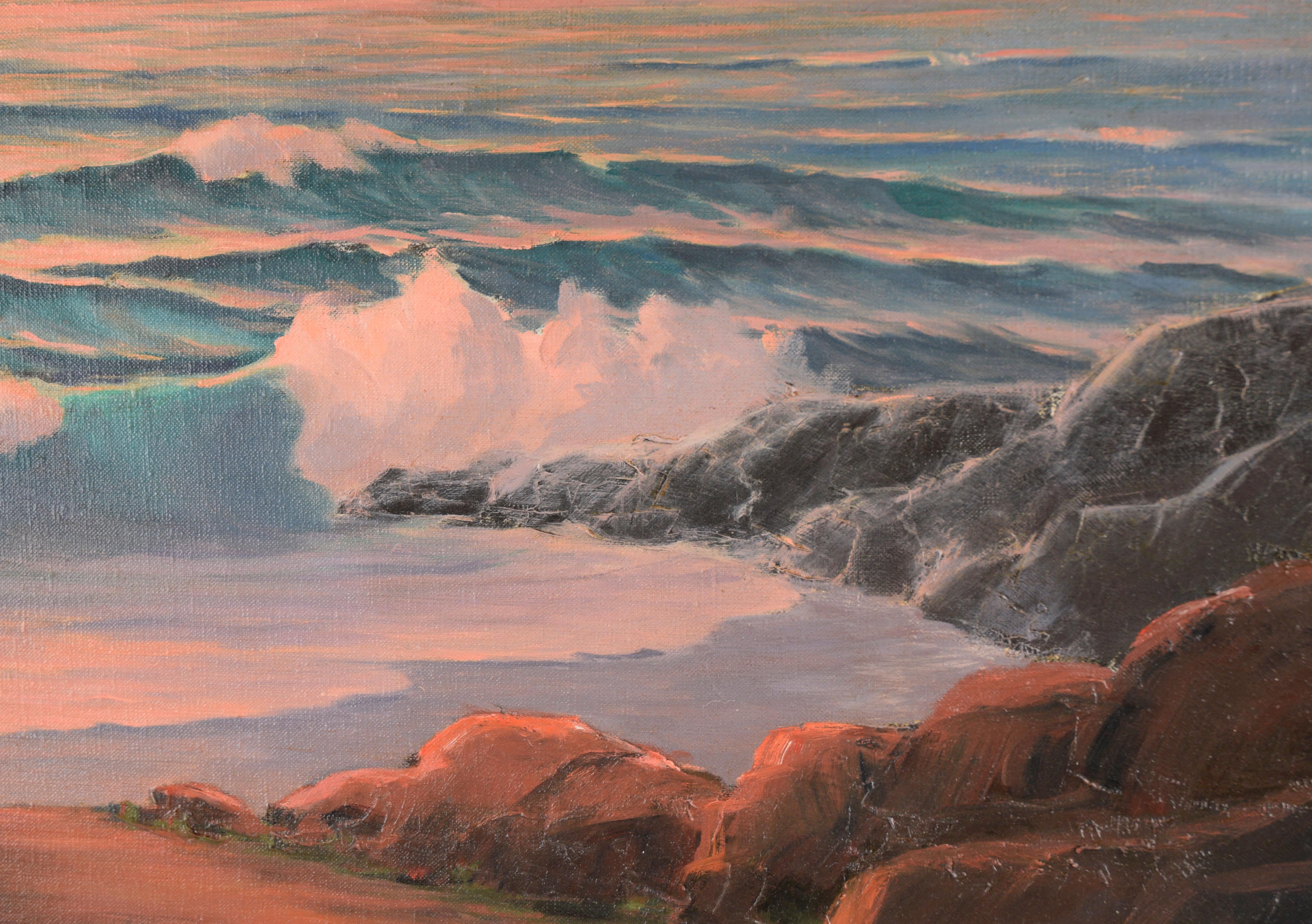 Vibrant seascape by Cecil F. Chamberlin (American, 1899 -1963), circa 1950. Signé en bas à droite. Presented in gilt-toned wood frame. Canvas size: 20
