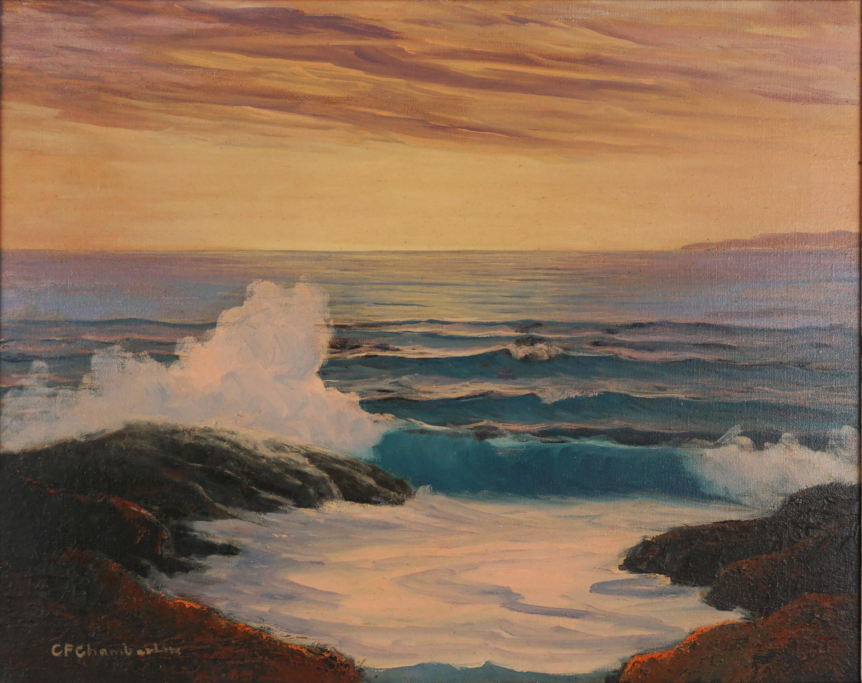 Paysage marin du milieu du siècle dernier - bassin de mariage de Manresa au coucher du soleil - Painting de Cecil F. Chamberlin