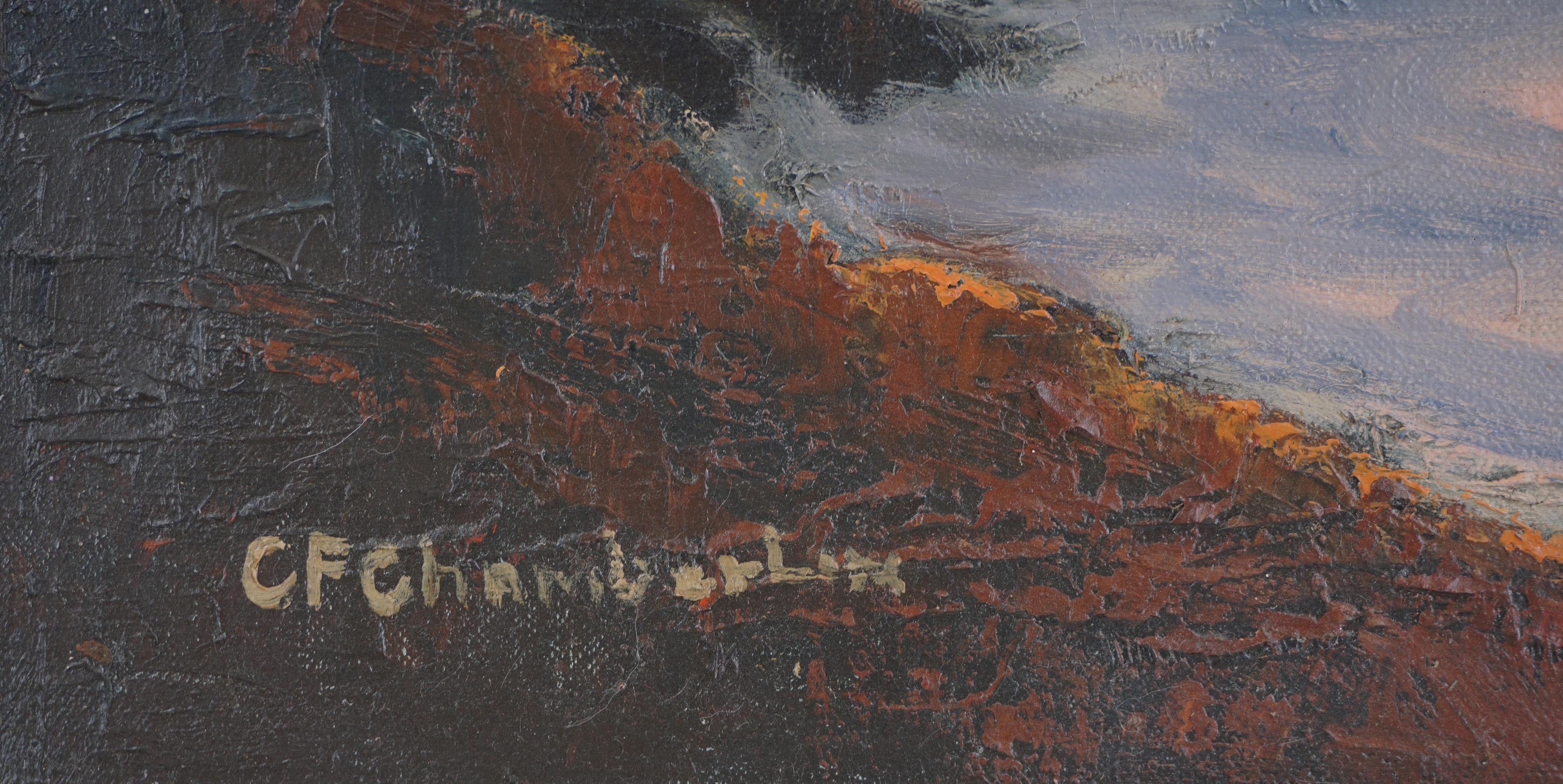 Paysage marin du milieu du siècle dernier - bassin de mariage de Manresa au coucher du soleil - Marron Landscape Painting par Cecil F. Chamberlin