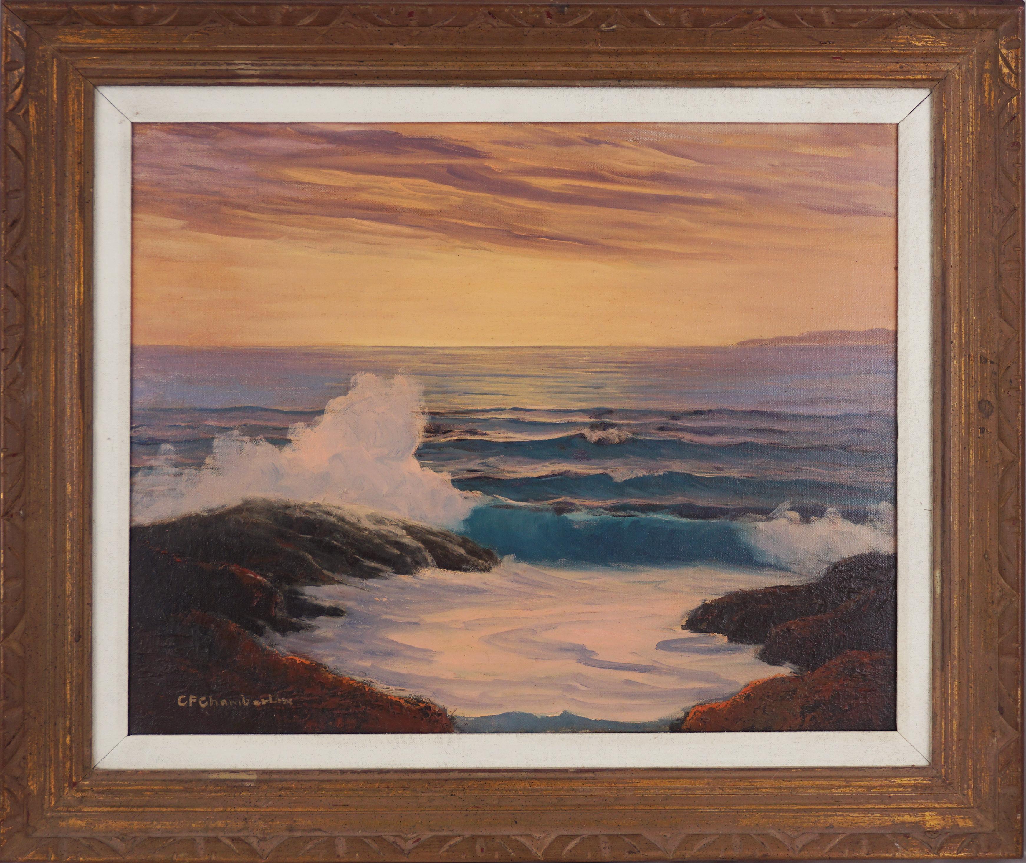 Landscape Painting Cecil F. Chamberlin - Paysage marin du milieu du siècle dernier - bassin de mariage de Manresa au coucher du soleil