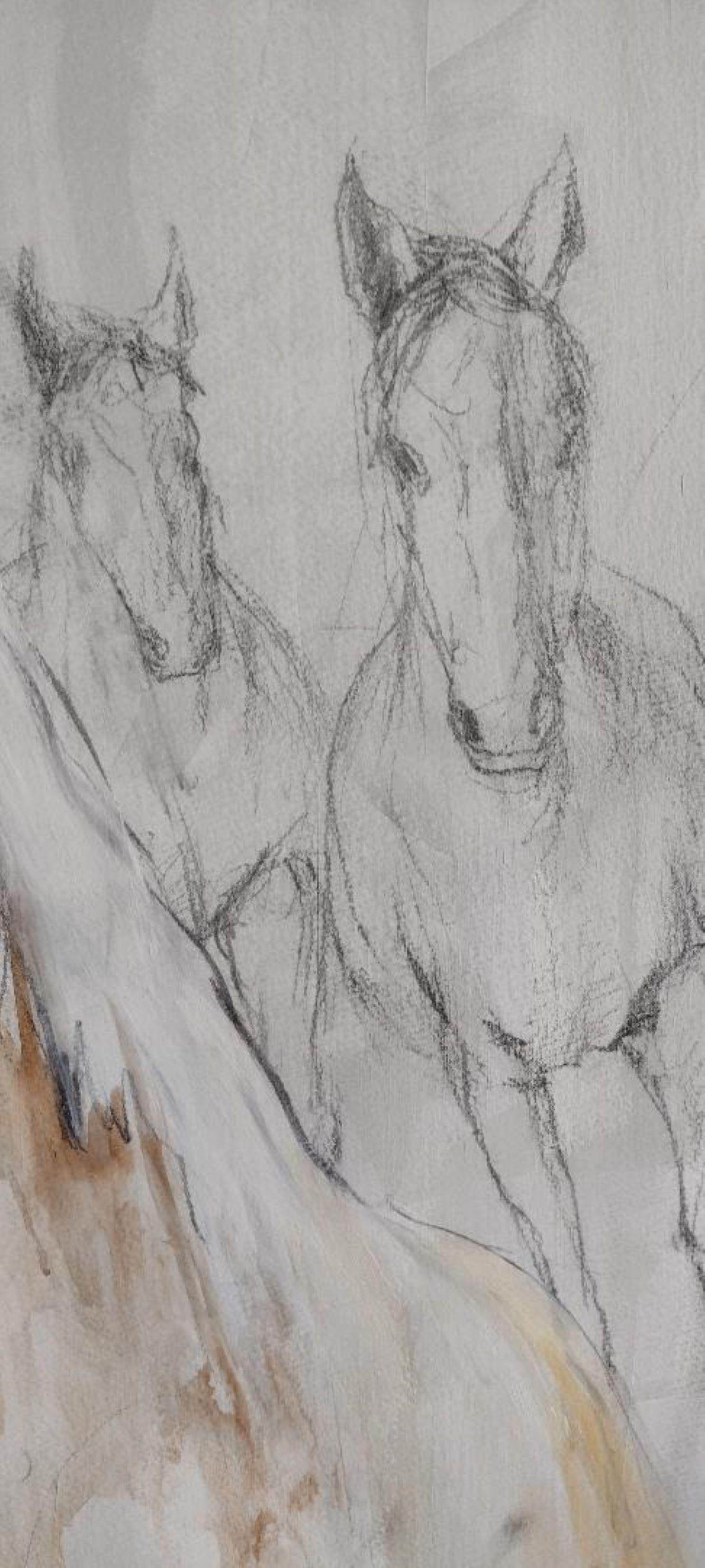 Freedom Ride - Charcoal Drawing with Watercolor on paper of Horses - Gray Animal Painting by Cecil K. 