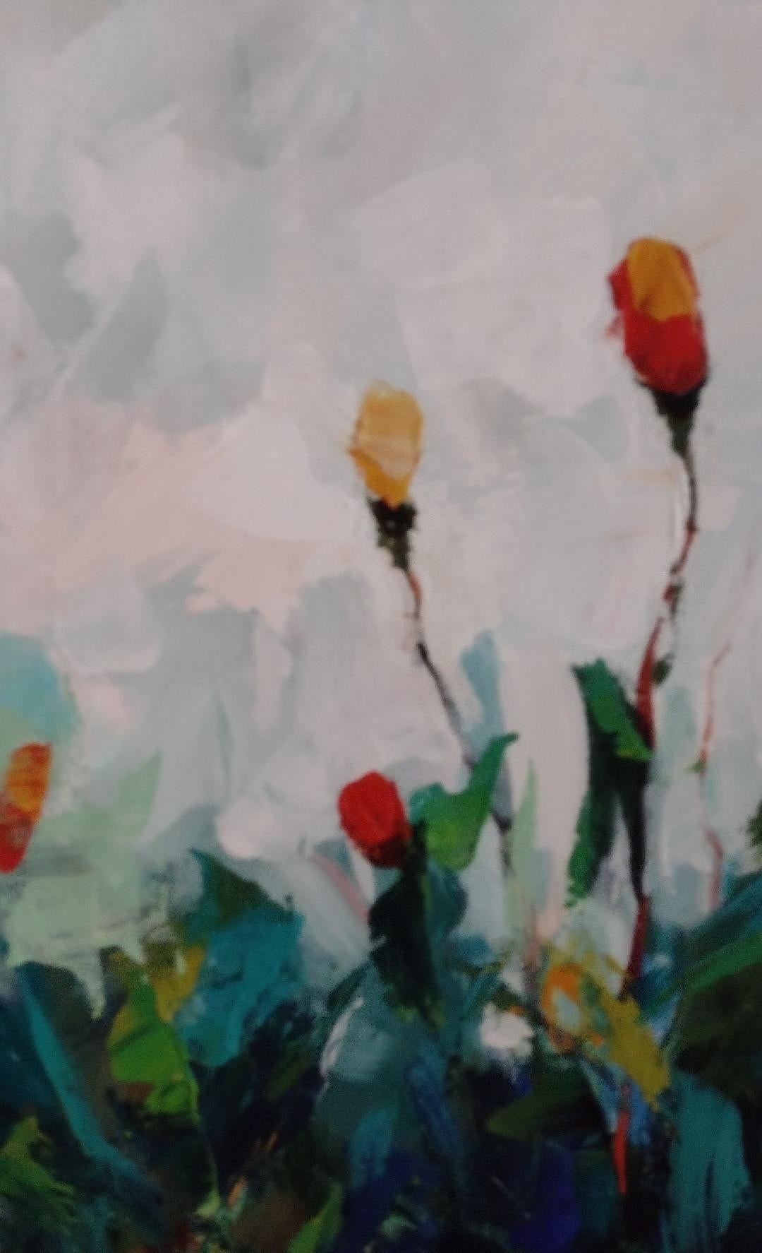 Ode à Monet I - Fleurs originales acryliques contemporaines sur papier - Contemporain Painting par Cecil K. 