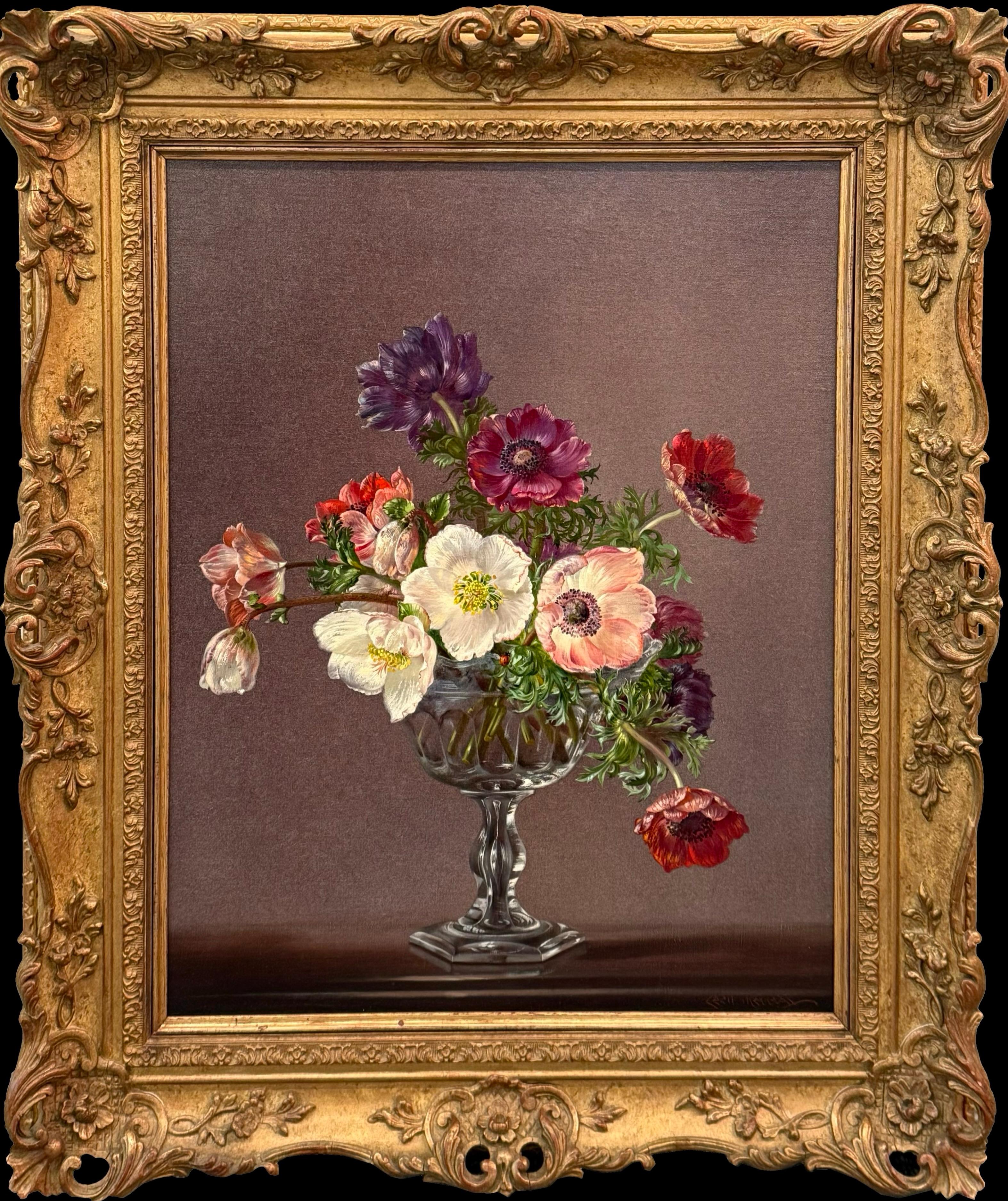 Anemonies in Crystal Oil Painting, Signed, Framed, Mid-20th Century