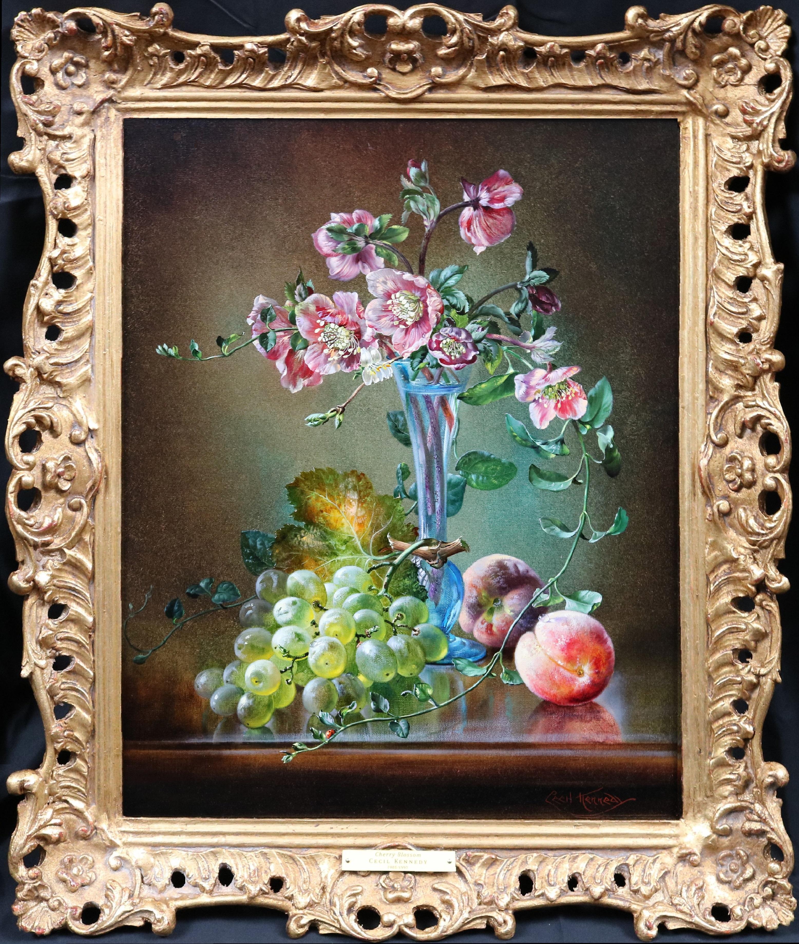 Flor de cerezo - Naturaleza muerta floral inglesa Pintura al óleo con uvas y melocotones - Painting de Cecil Kennedy