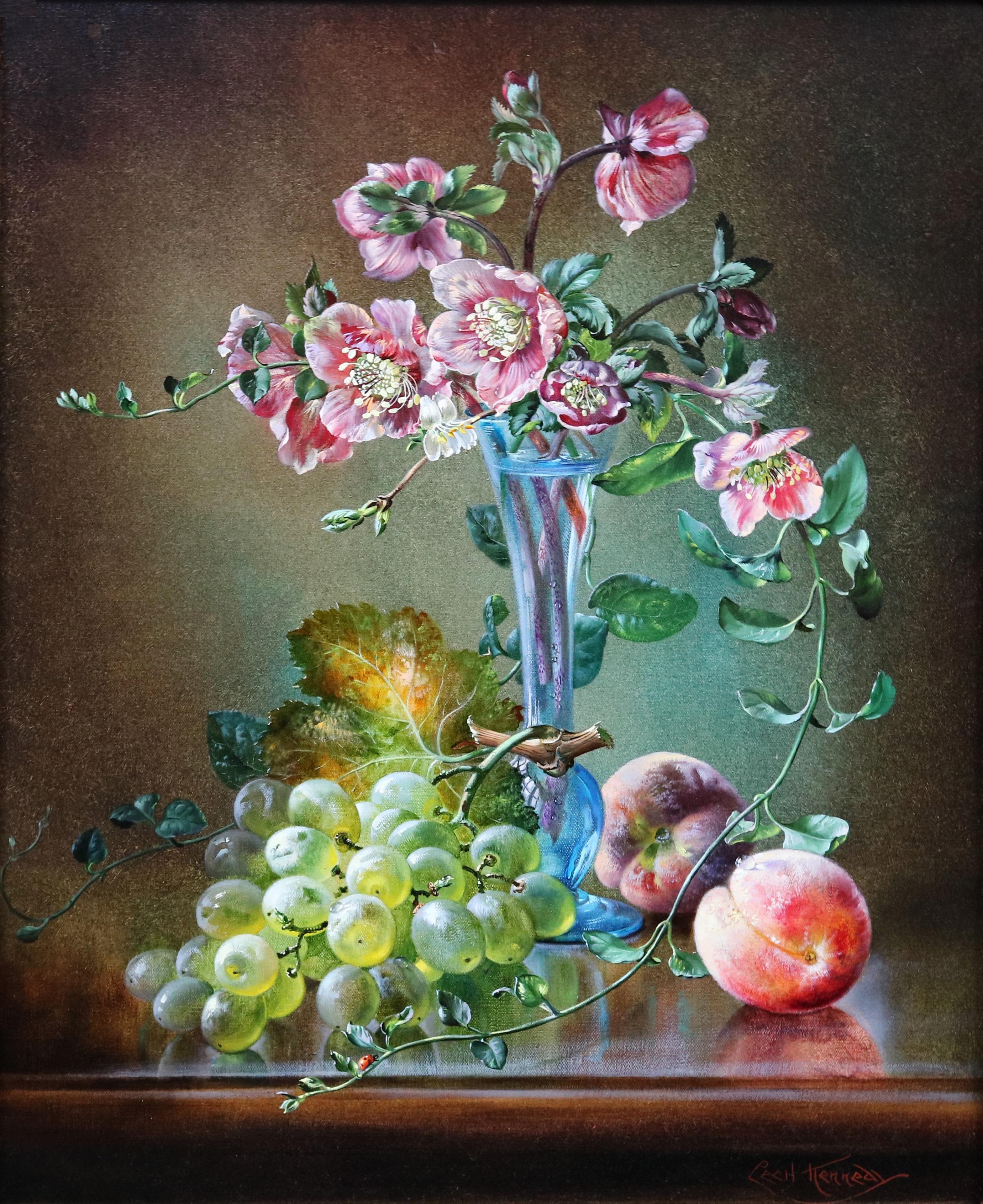 Flor de cerezo - Naturaleza muerta floral inglesa Pintura al óleo con uvas y melocotones - Painting Escuela inglesa de Cecil Kennedy
