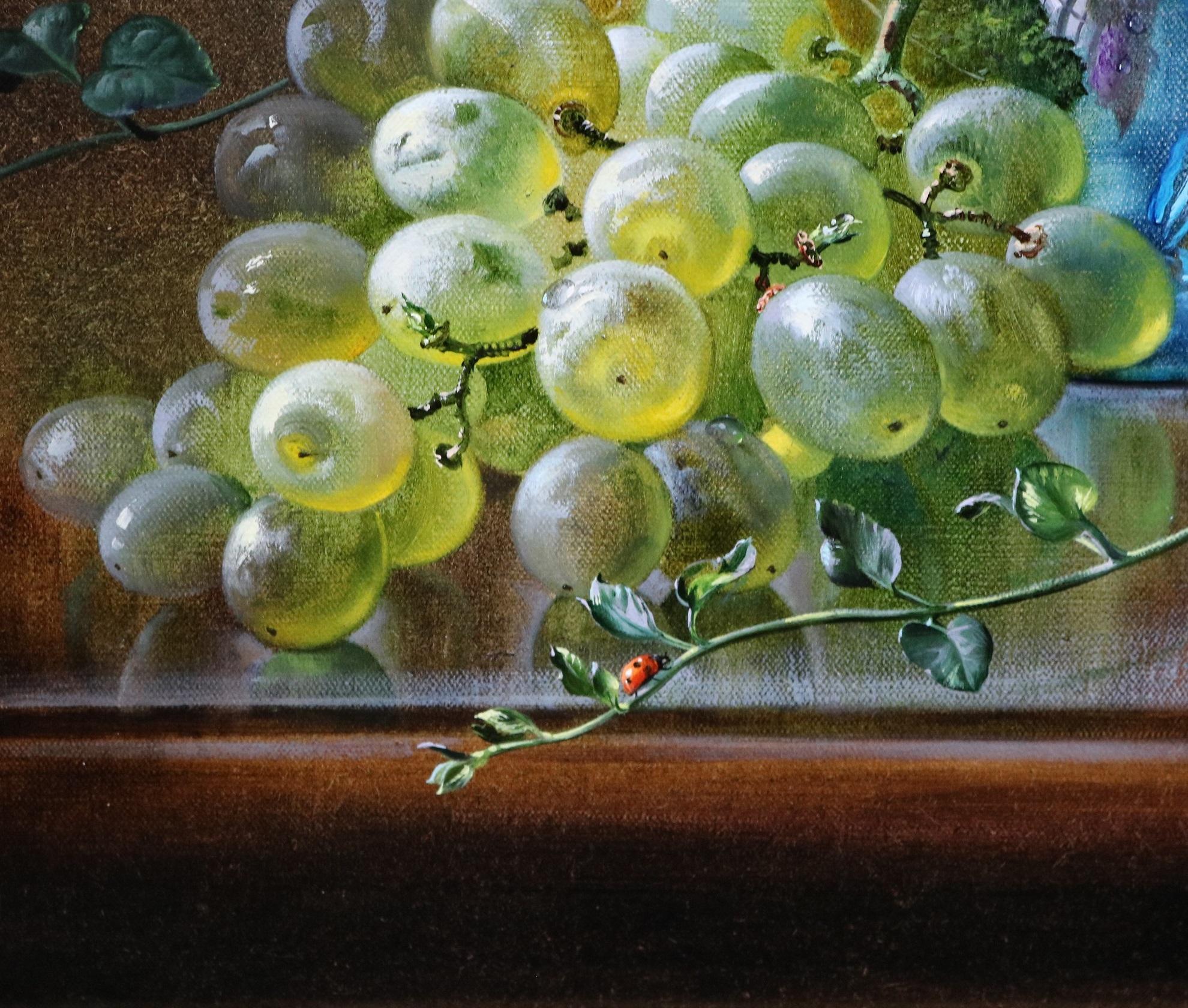 Flor de cerezo - Naturaleza muerta floral inglesa Pintura al óleo con uvas y melocotones 1