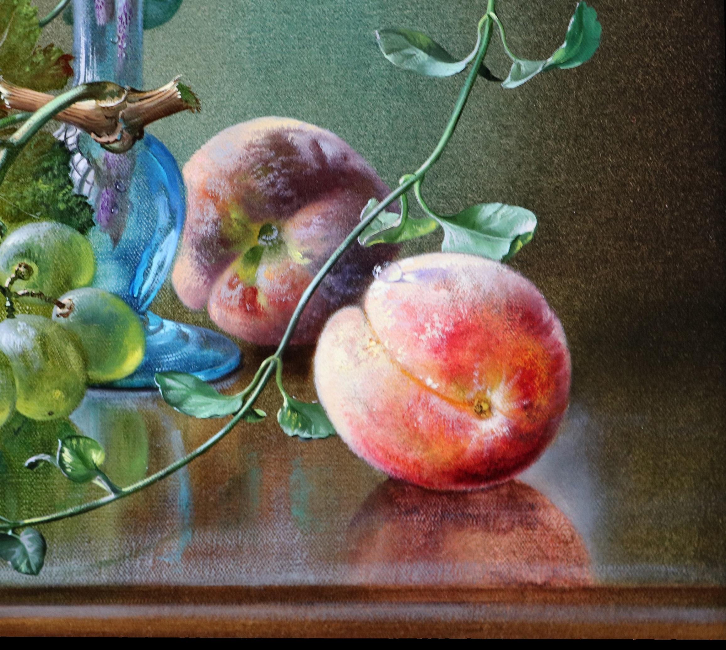 Flor de cerezo - Naturaleza muerta floral inglesa Pintura al óleo con uvas y melocotones 2