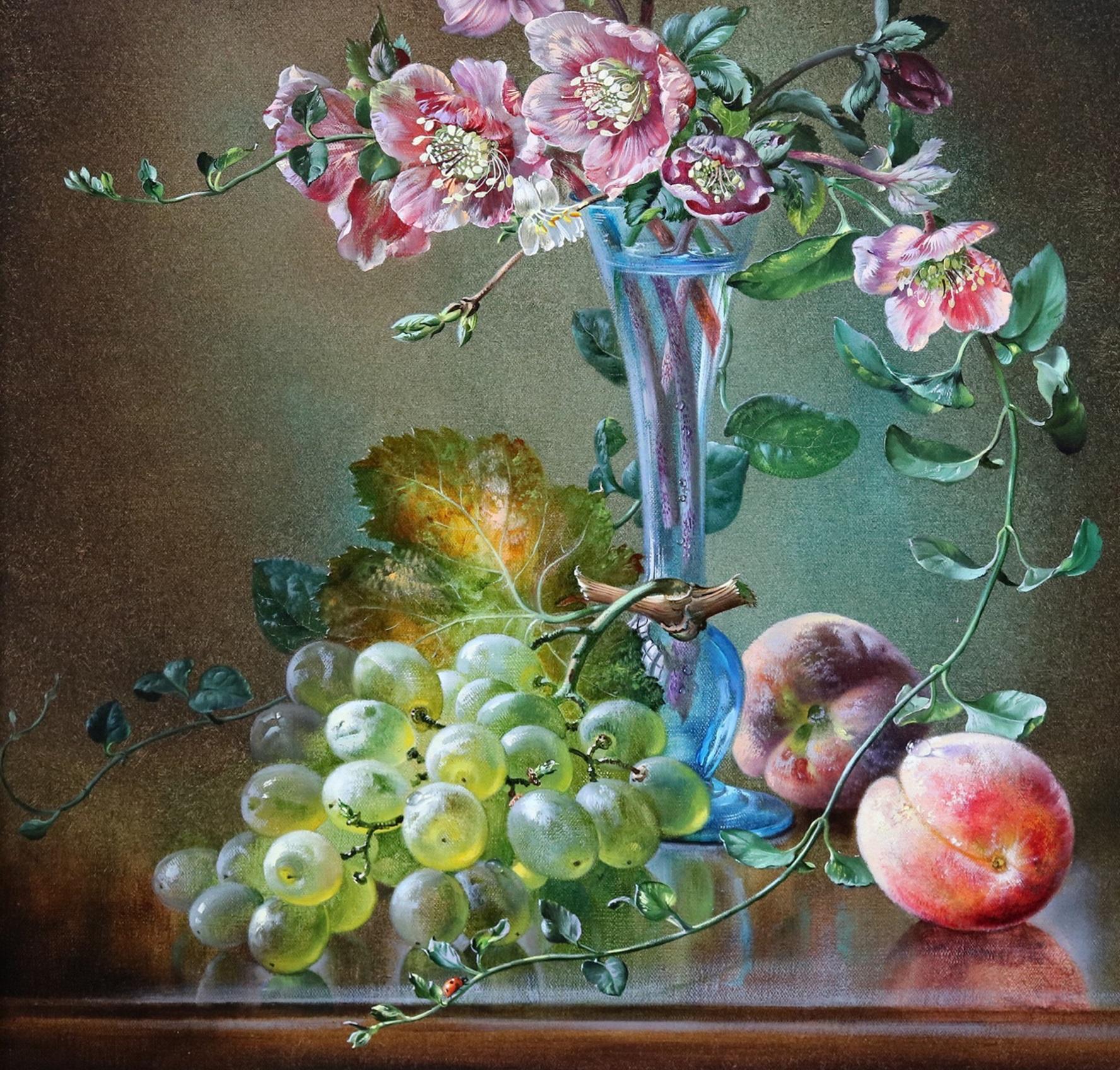 Cherry Blossom - English Flower Oil Painting Still Life with Grapes and Peaches 3