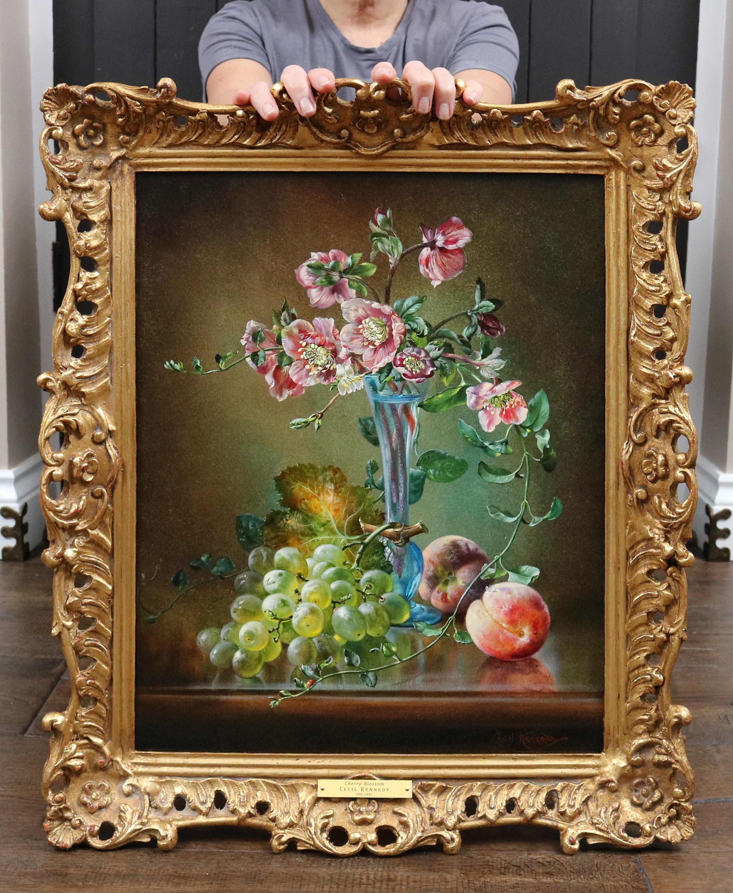 Cecil Kennedy Animal Painting - Cherry Blossom - English Flower Oil Painting Still Life with Grapes and Peaches