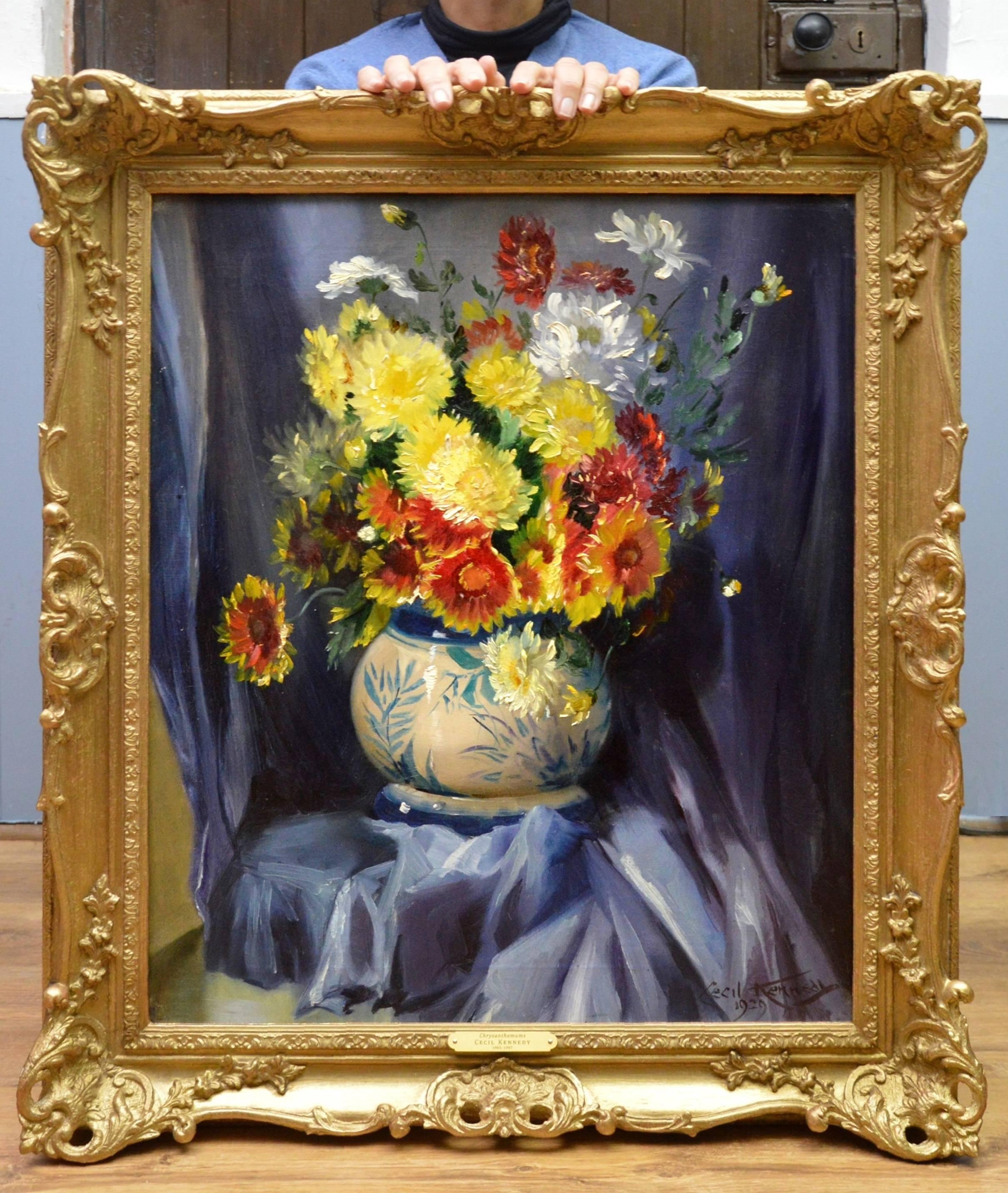 This is a large fine original floral still life oil painting of ‘Chrysanthemums’ in a blue and white Chinese bowl by the famous British artist Cecil Kennedy (1905-1997). The painting is signed by the artist and dated 1929 and is as striking a work