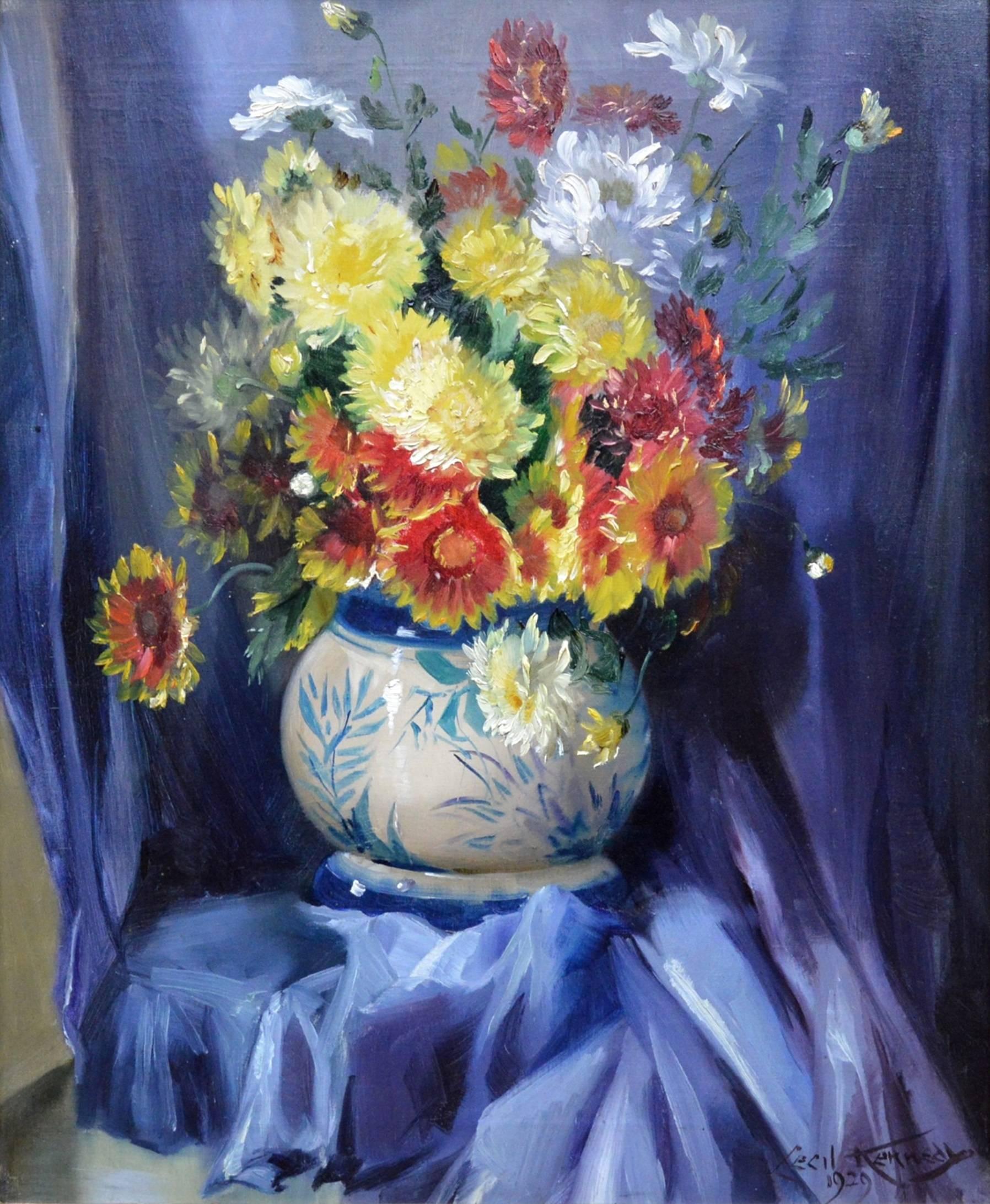 Chrysanthemums - English Post Impressionist Floral Still Life Oil Painting 1929 1