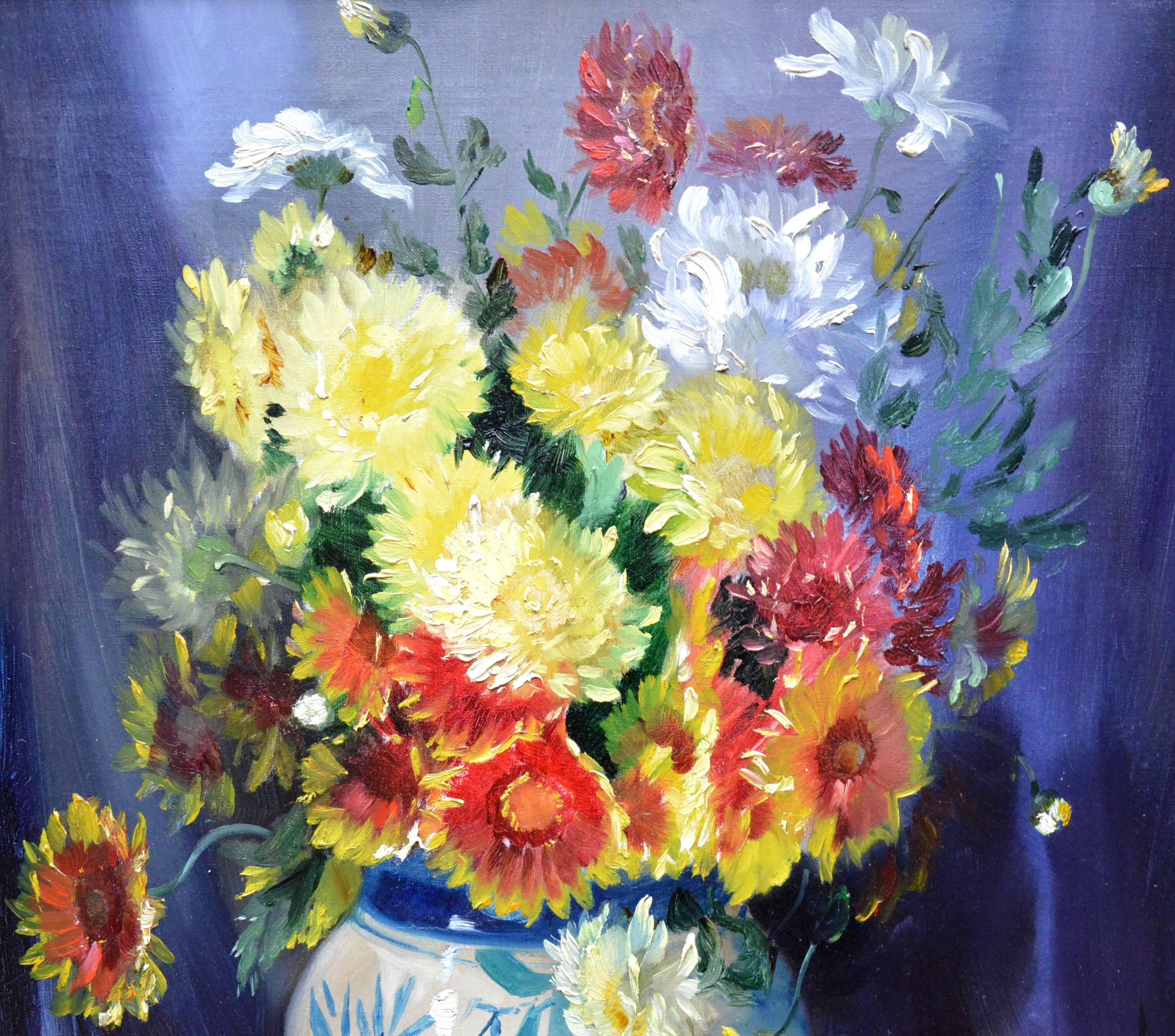 Chrysanthemums - English Post Impressionist Floral Still Life Oil Painting 1929 2