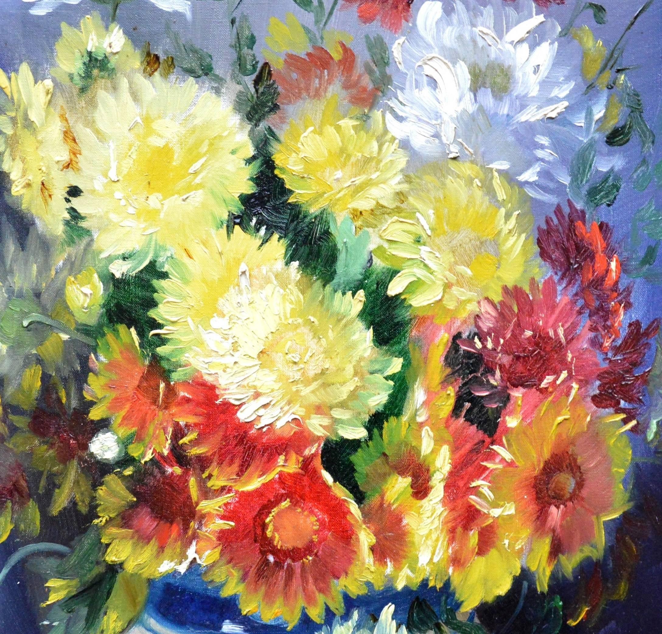 Chrysanthemums - English Post Impressionist Floral Still Life Oil Painting 1929 3