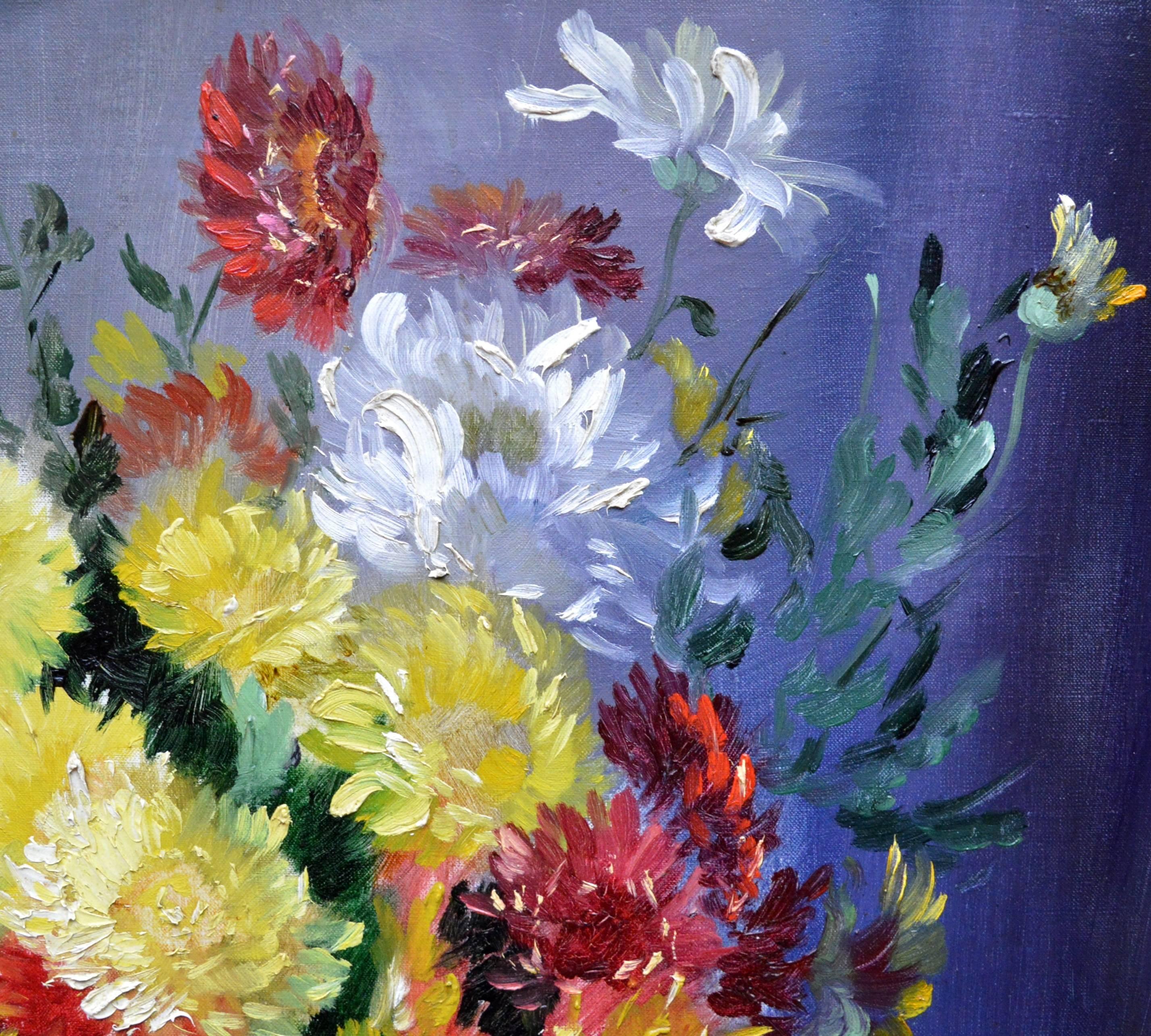 Chrysanthemums - English Post Impressionist Floral Still Life Oil Painting 1929 5