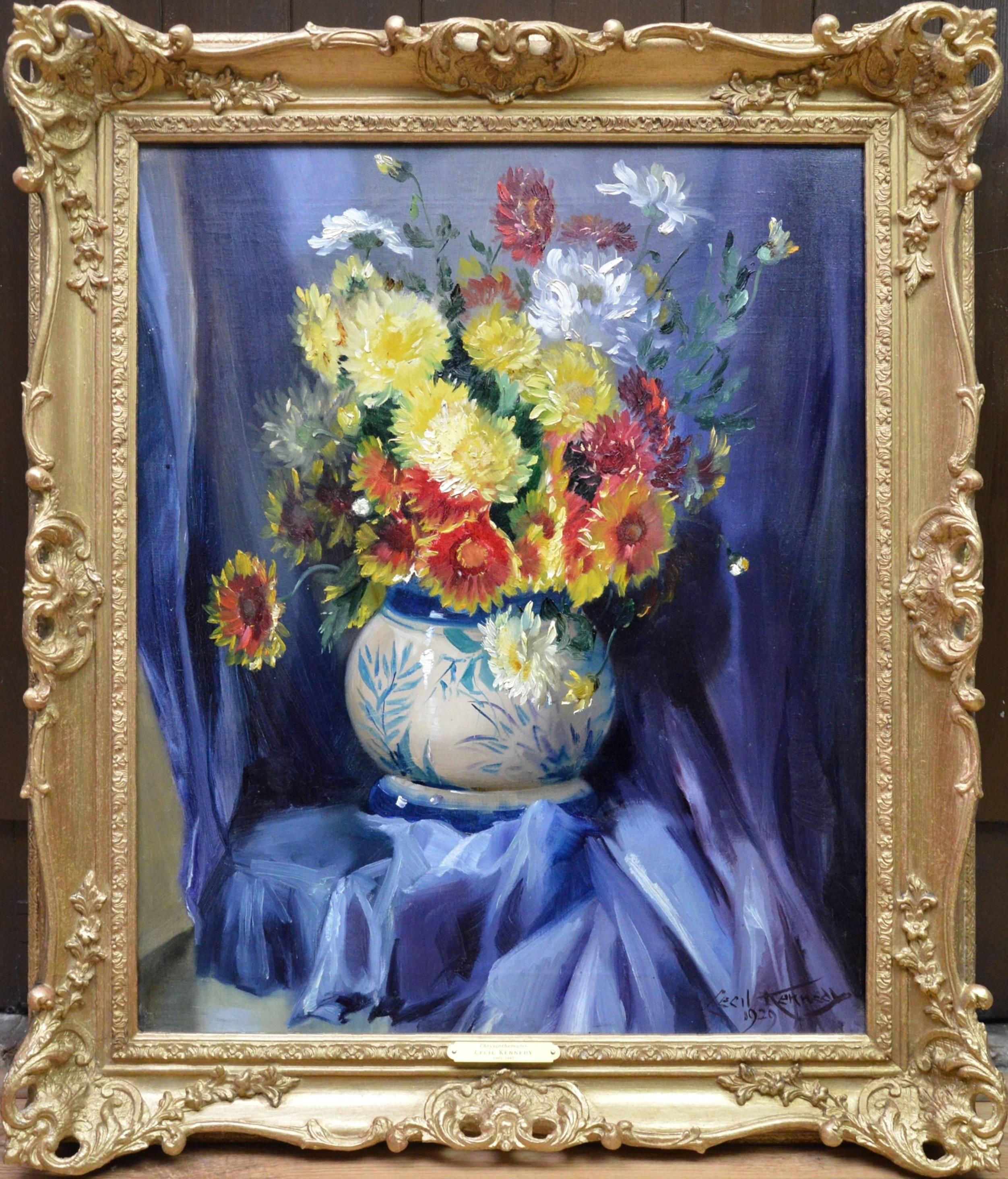 Cecil Kennedy Still-Life Painting - Chrysanthemums - English Post Impressionist Floral Still Life Oil Painting 1929