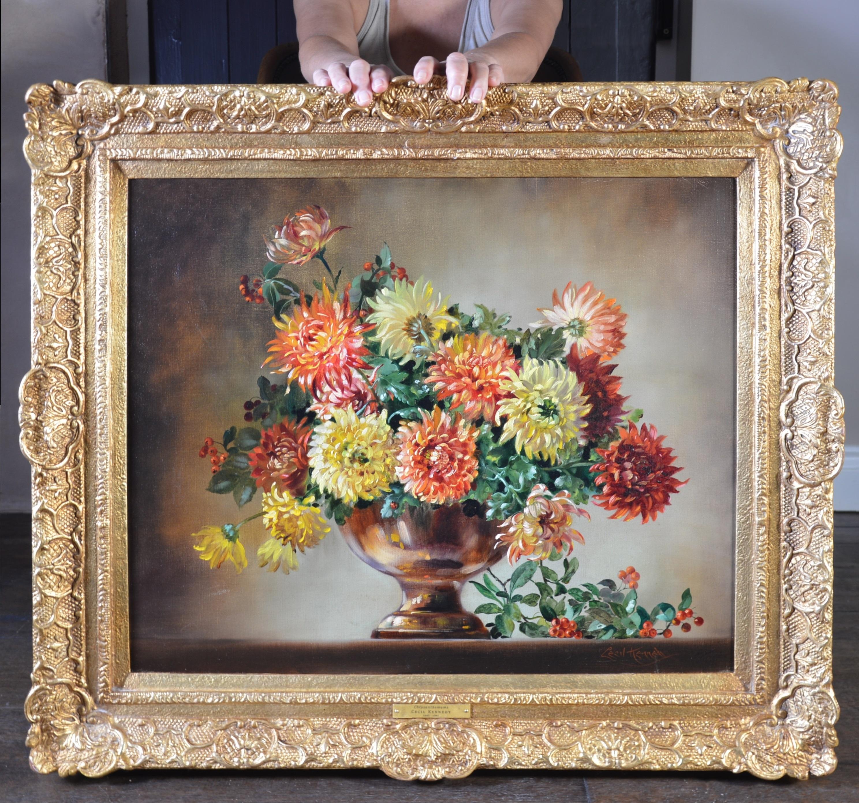 Cecil Kennedy Animal Painting - Chrysanthemums - Floral Still Life Oil Painting with Bee & Ladybird 