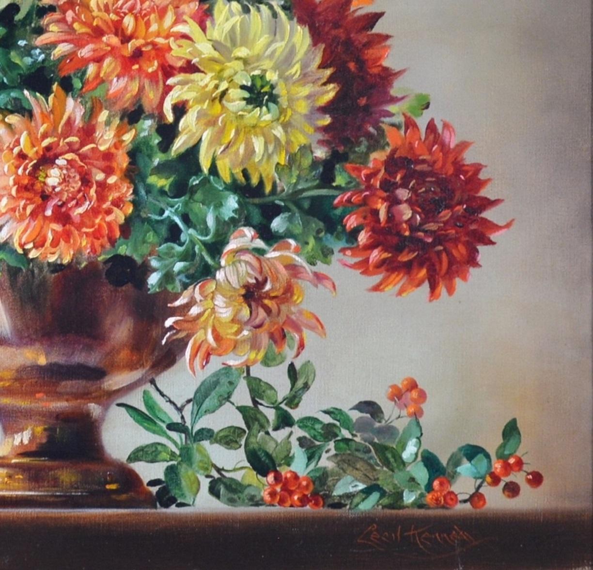 ‘Chrysanthemums’ by Cecil Kennedy (1905-1997). This fine floral style life oil on canvas depicting chrysanthemums in a copper vase is signed by the artist and presented in a gold metal leaf post-Impressionist frame. 

All our paintings are sold in
