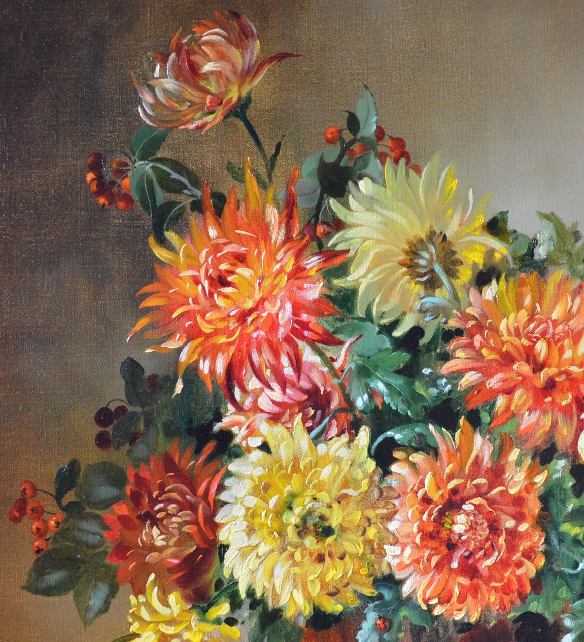 Chrysanthemums - Floral Still Life Oil Painting with Bee & Ladybird  1