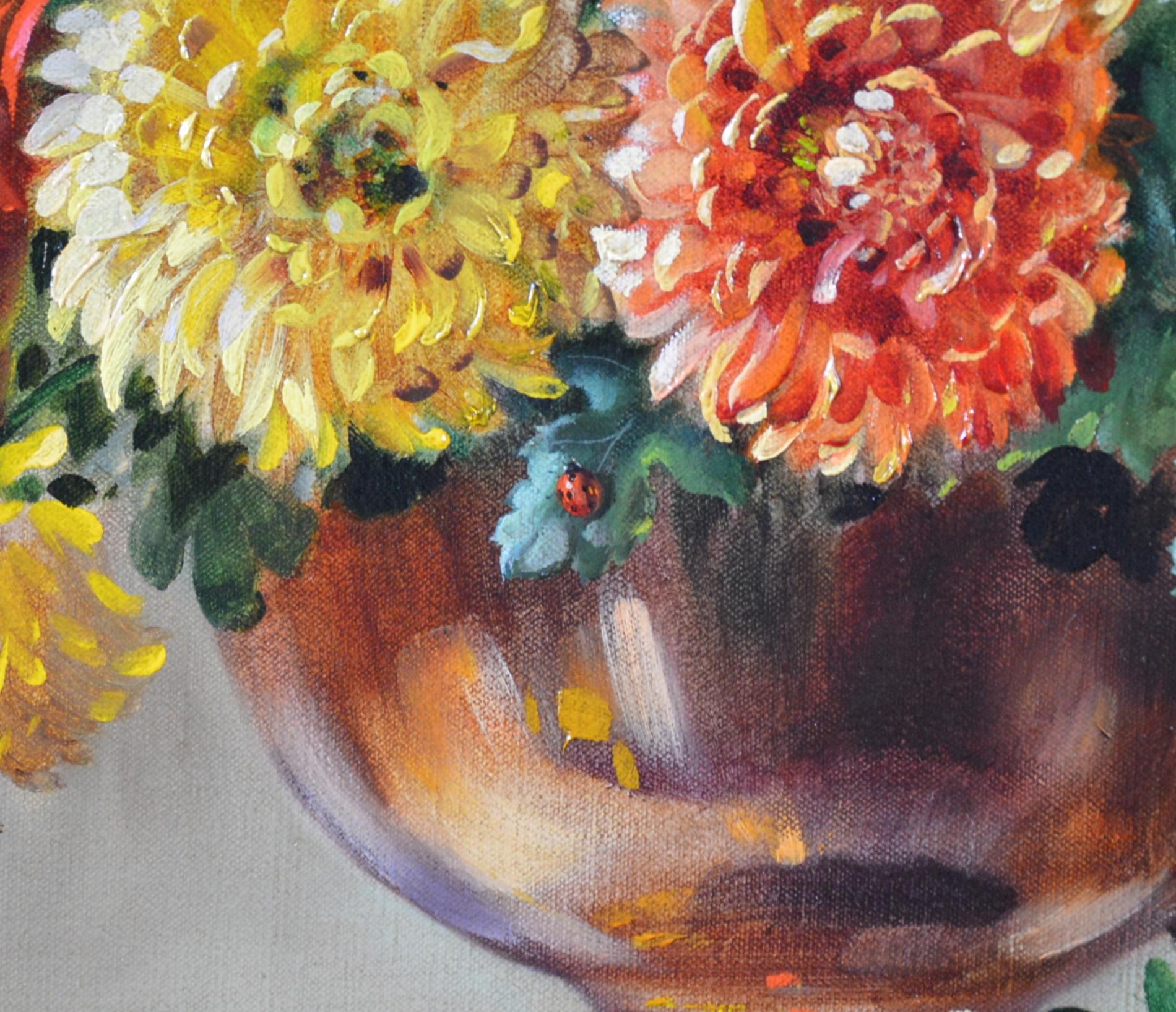 Chrysanthemums - Floral Still Life Oil Painting with Bee & Ladybird  2