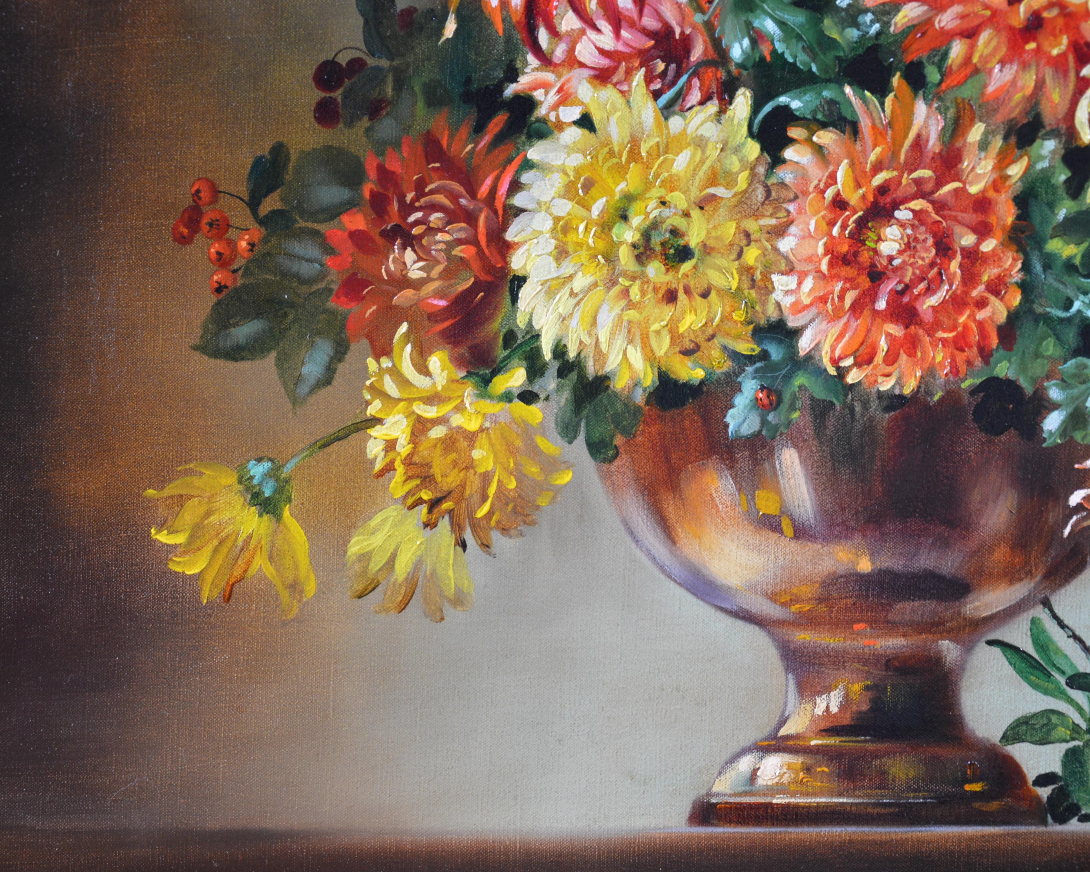 Chrysanthemums - Floral Still Life Oil Painting with Bee & Ladybird  3