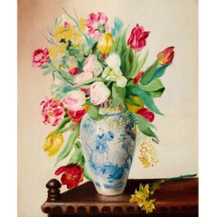 Floral Still Life Painting with Blue and White Vase by Cecil Kennedy