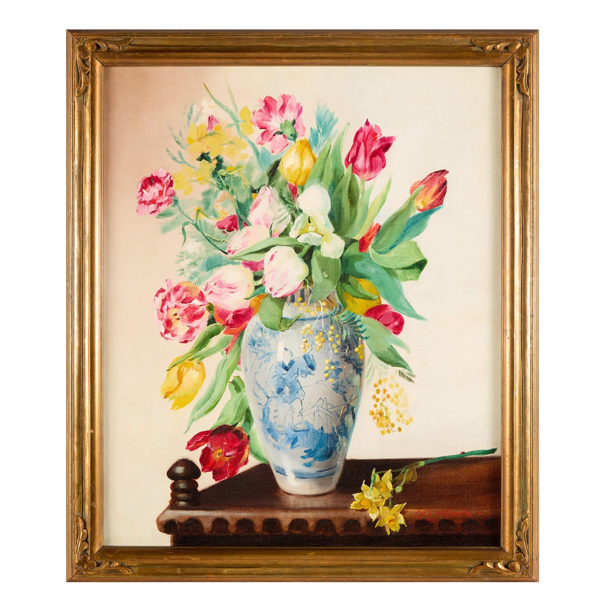 Floral Still Life Painting with Blue and White Vase by Cecil Kennedy