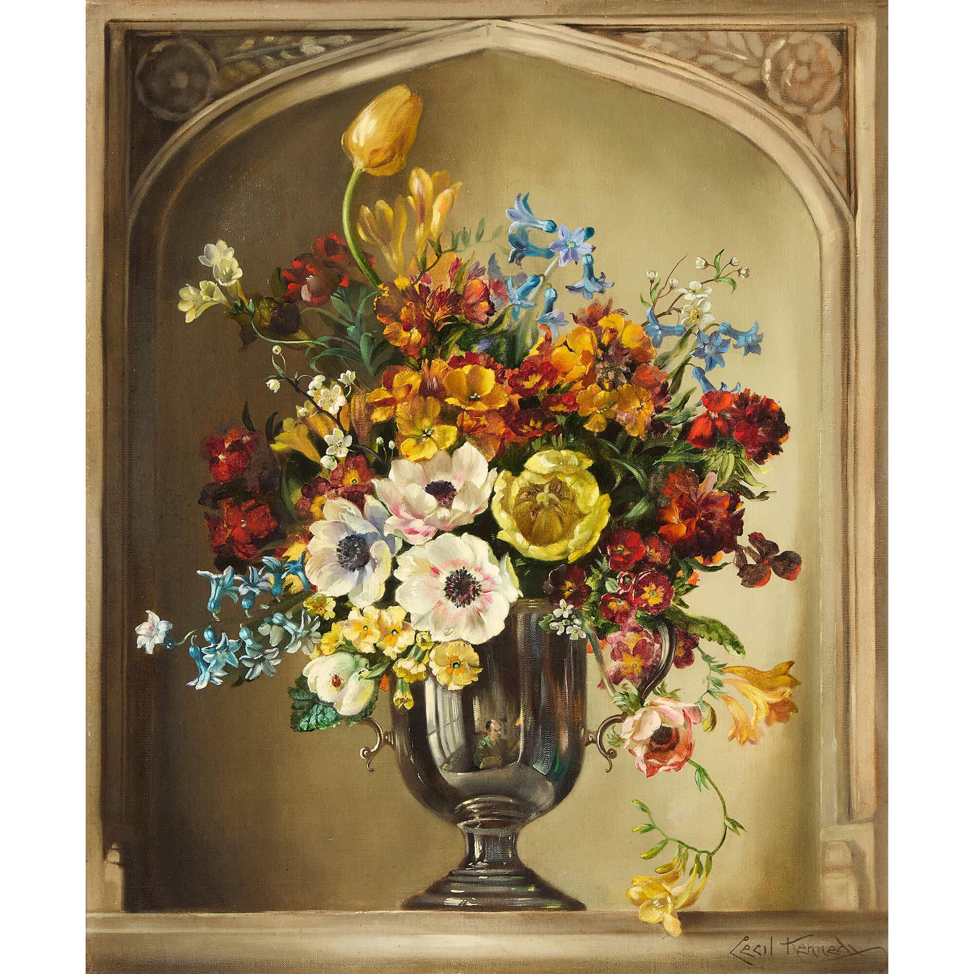 Grande peinture à l'huile de nature morte de bouquets de fleurs britanniques Cecil Kennedy en vente 1