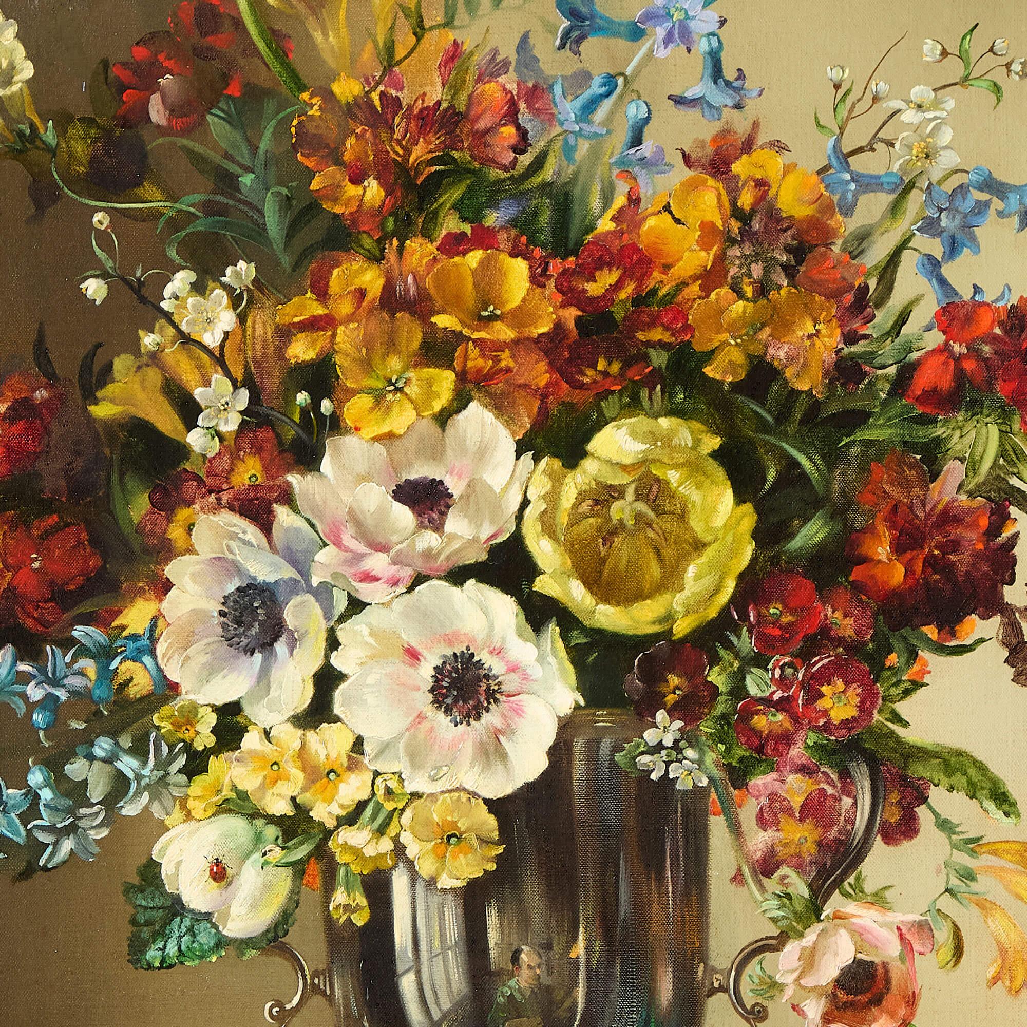 Grande peinture à l'huile de nature morte de bouquets de fleurs britanniques Cecil Kennedy en vente 3