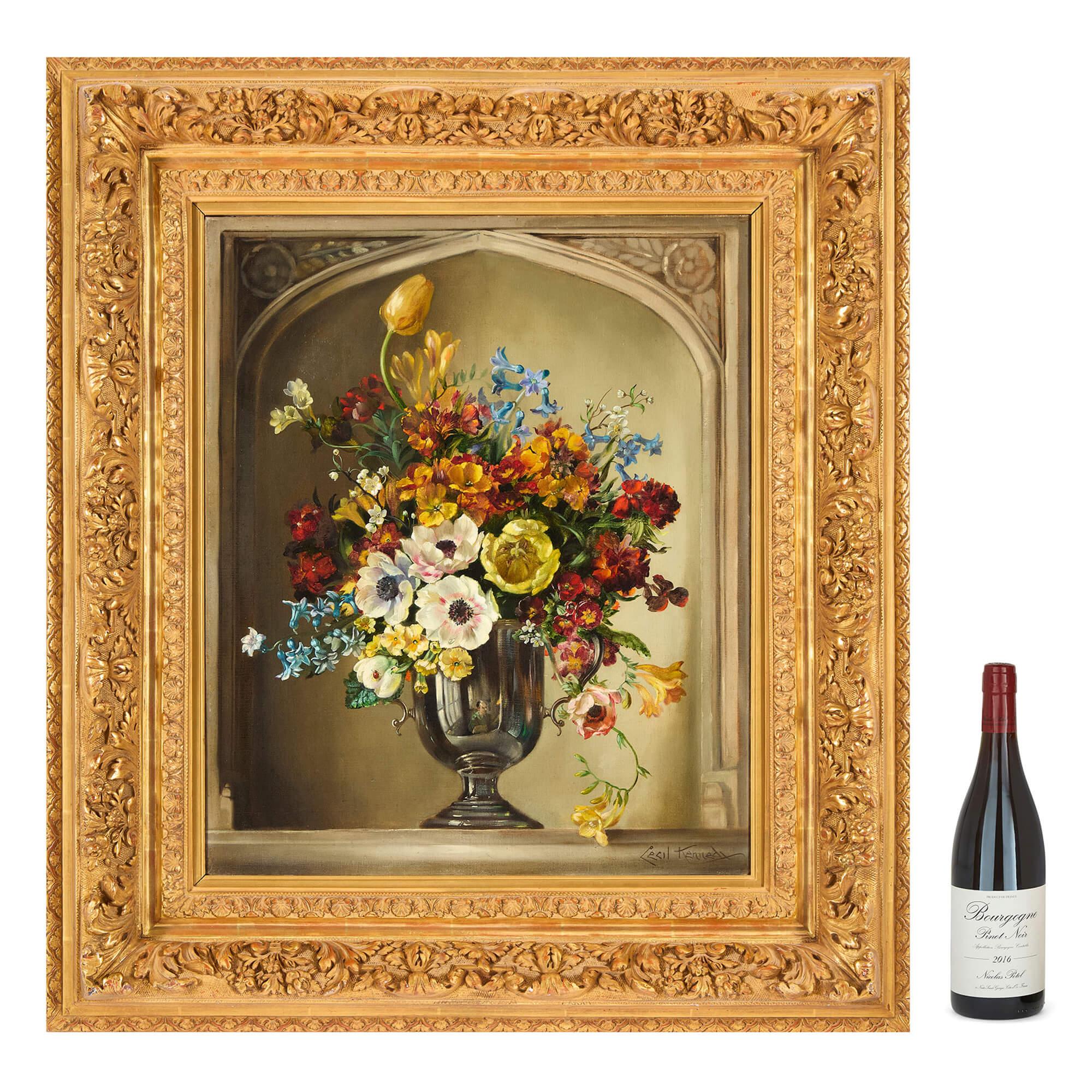 Grande peinture à l'huile de nature morte de bouquets de fleurs britanniques Cecil Kennedy en vente 7