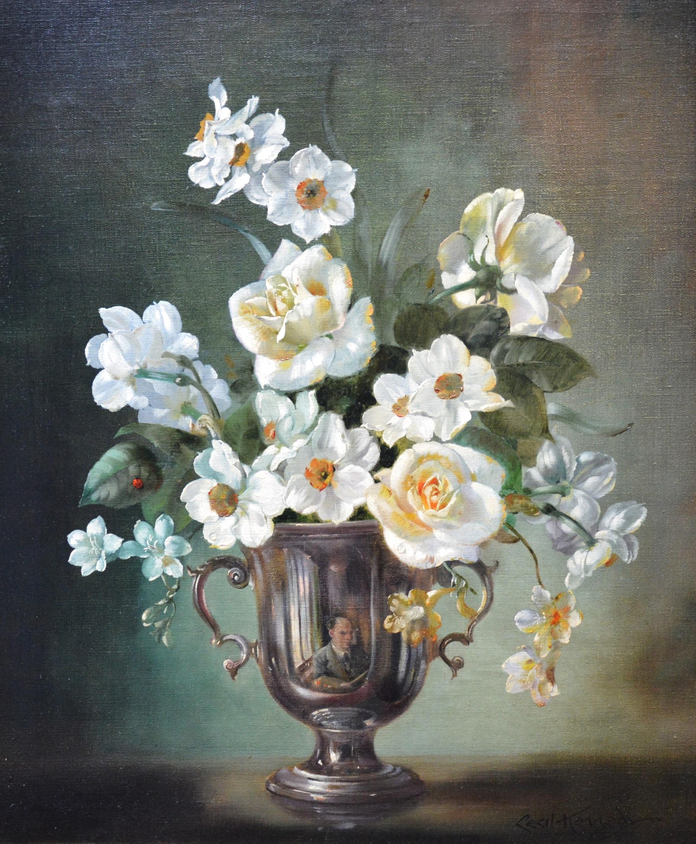 Frühlings-Blumenstillleben mit weißen Daffodils und Rosen und verstecktem Selbstporträt (Impressionismus), Painting, von Cecil Kennedy