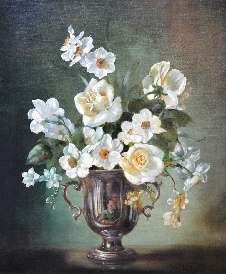Spring - Floral Still Life of White Daffodils & Roses with Hidden Self Portrait - Impressionist Painting by Cecil Kennedy