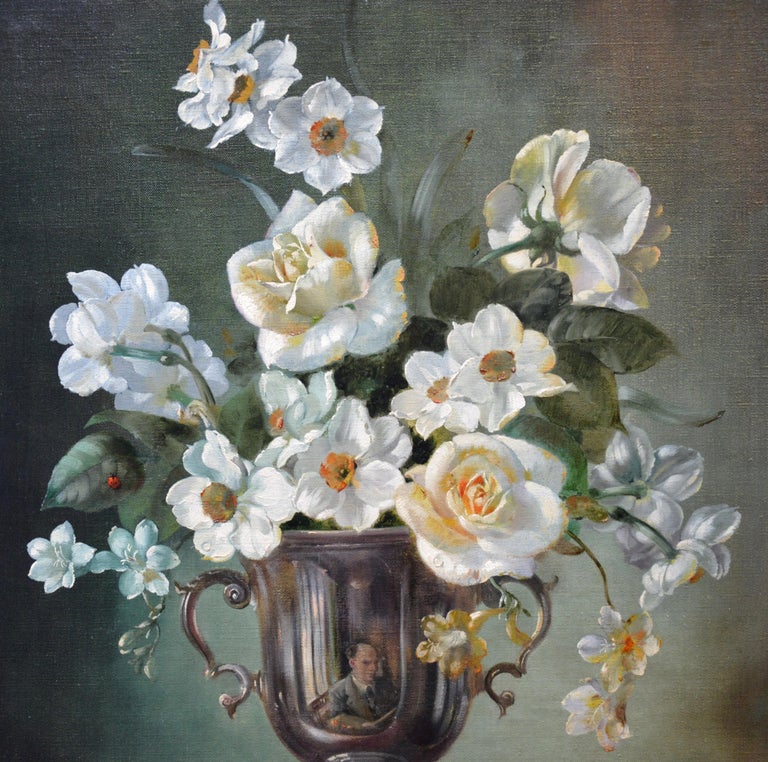 Spring - Floral Still Life of White Daffodils & Roses with Hidden Self Portrait - Black Portrait Painting by Cecil Kennedy