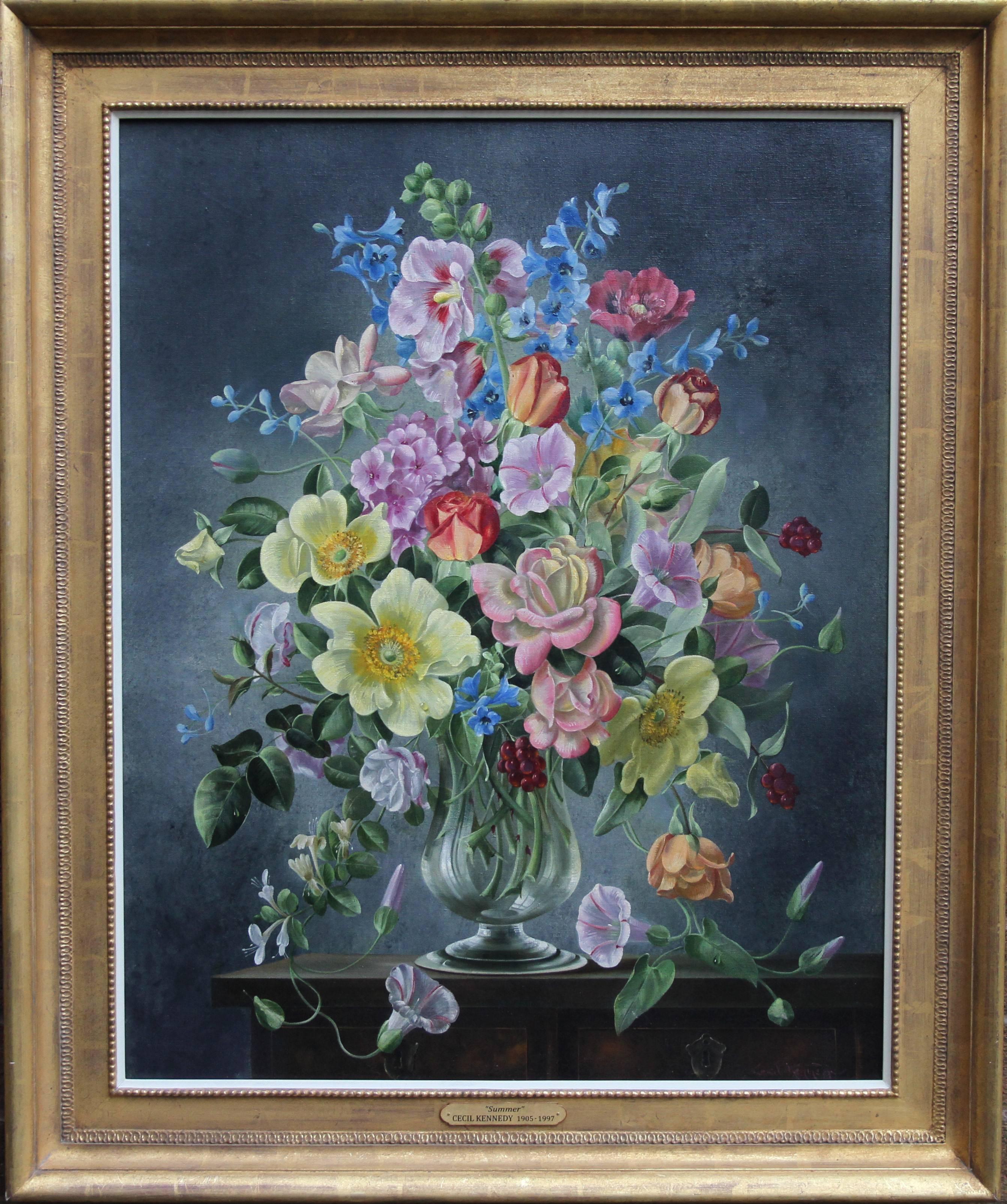 Summer Arrangement - British art 1930's oil painting floral still life roses