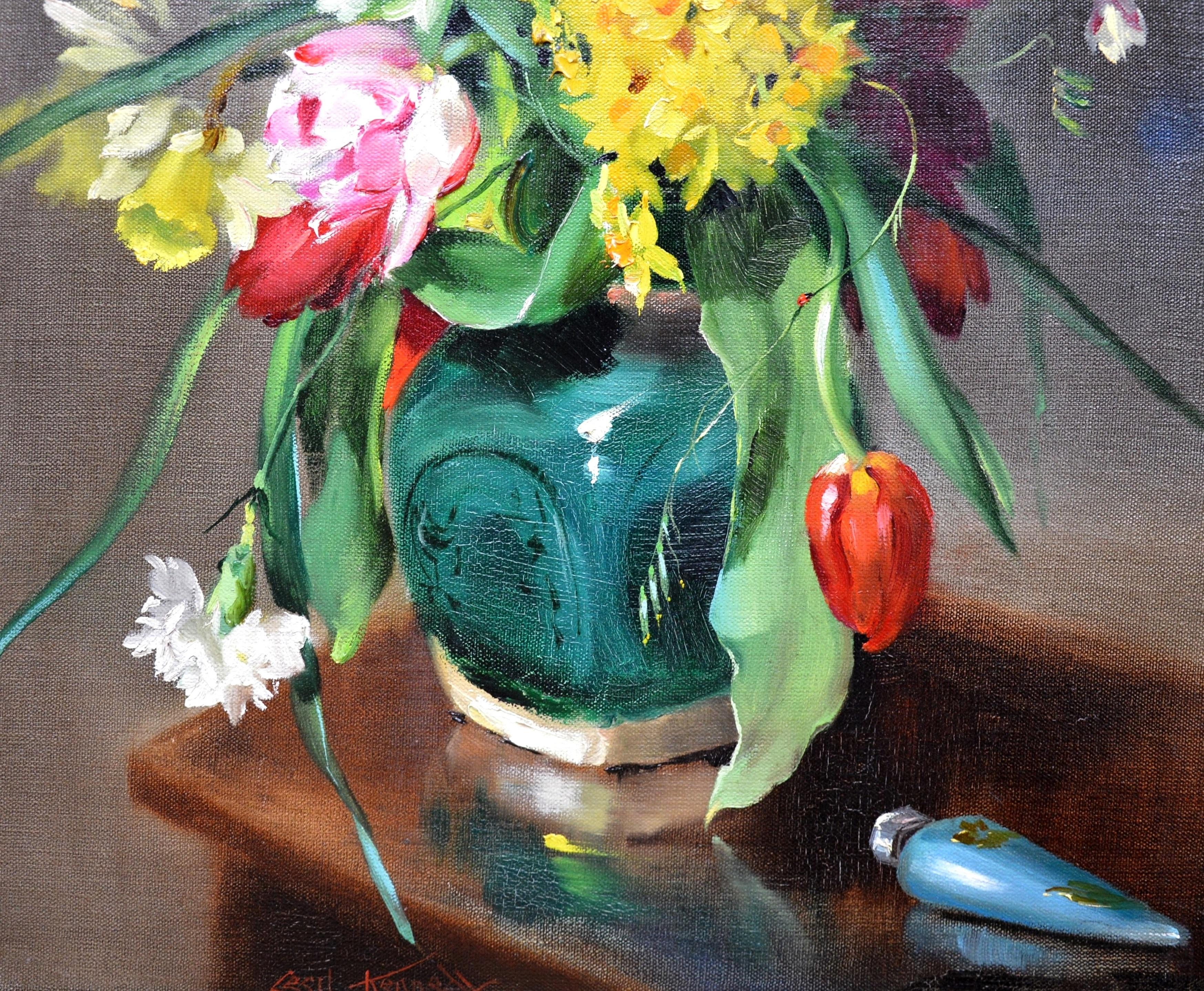 Tulips & Daffodils - Floral Still Life Oil Painting of Spring Flowers - Brown Still-Life Painting by Cecil Kennedy