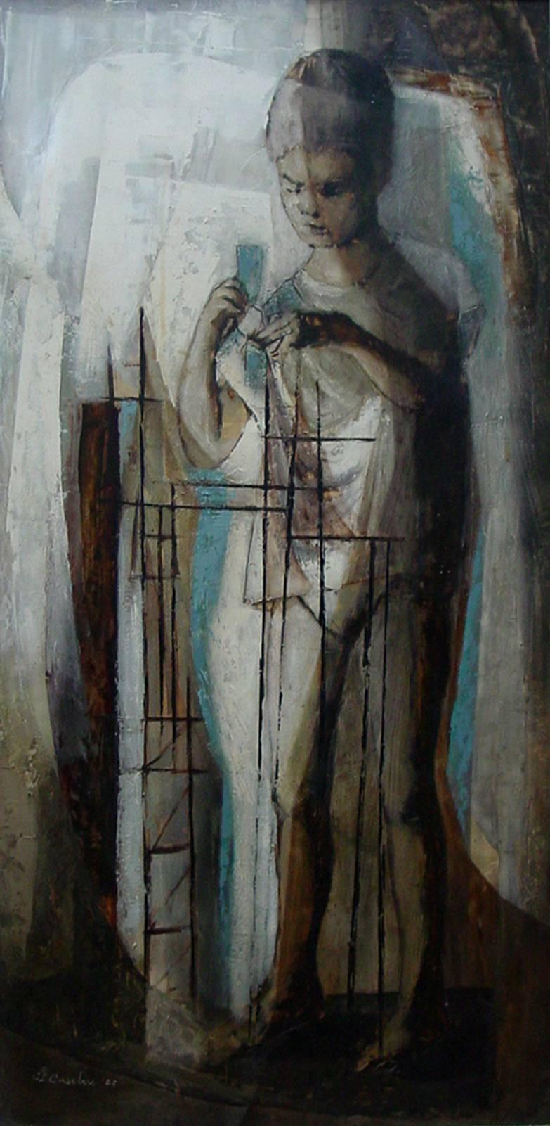 Cecil Lang Casebier Figurative Painting - "Contruction Number 2"  Texas Mid Century painting. 1955