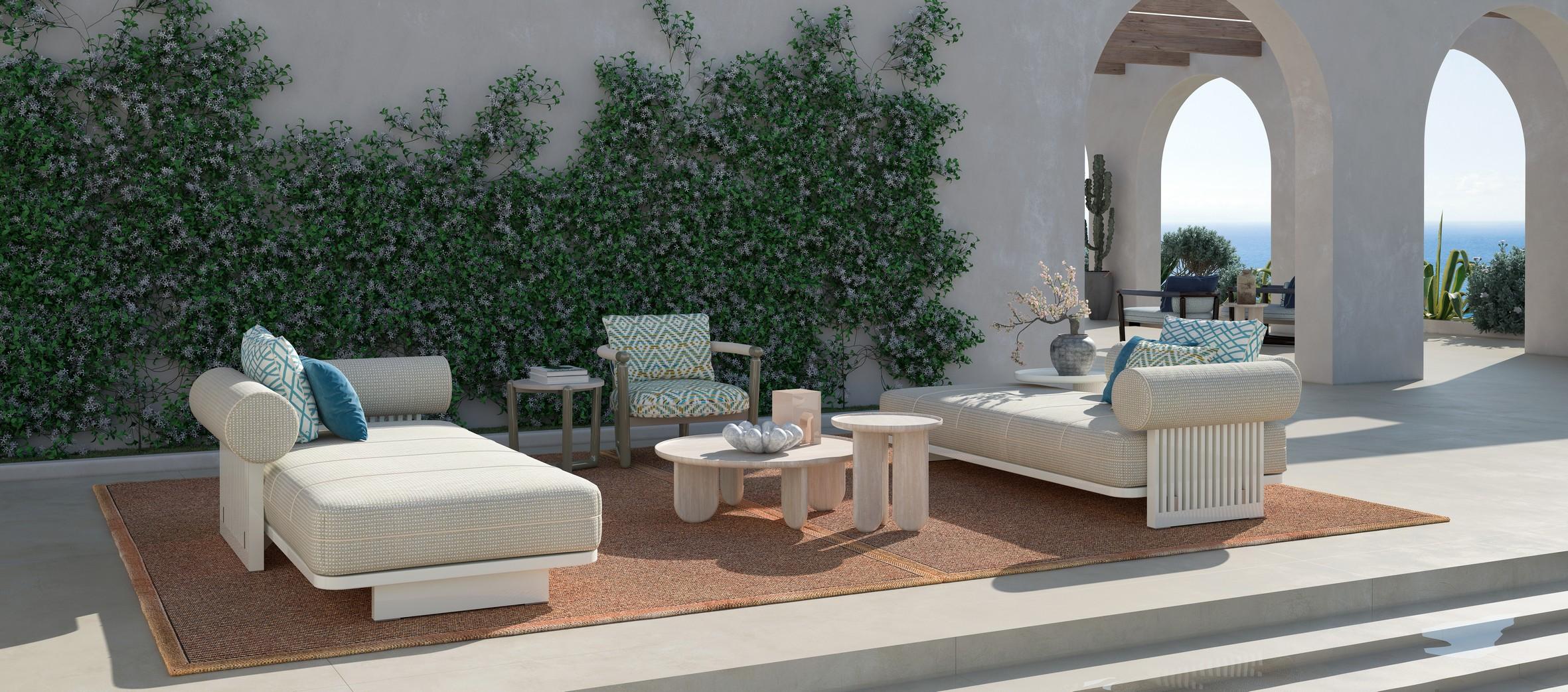 This outdoor low coffee table features a frame made of painted iroko structure, known for its durability and weather-resistant properties. The top of the table is crafted from marble, offering an elegant and refined touch. Various types of marble